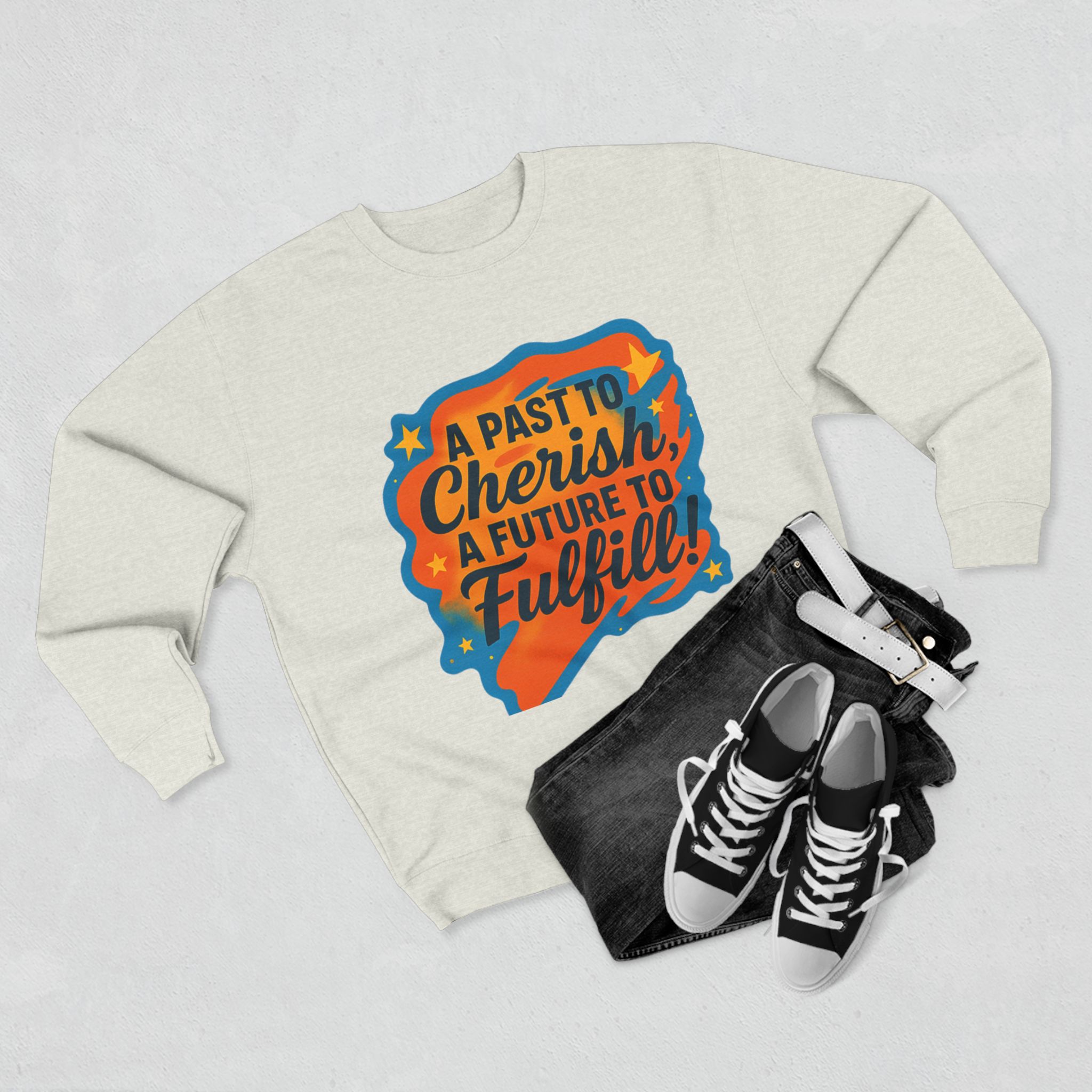 Crewneck Sweatshirt — “A Past to Cherish, A Future to Fulfill” Retro Inspirational Design - Image 15