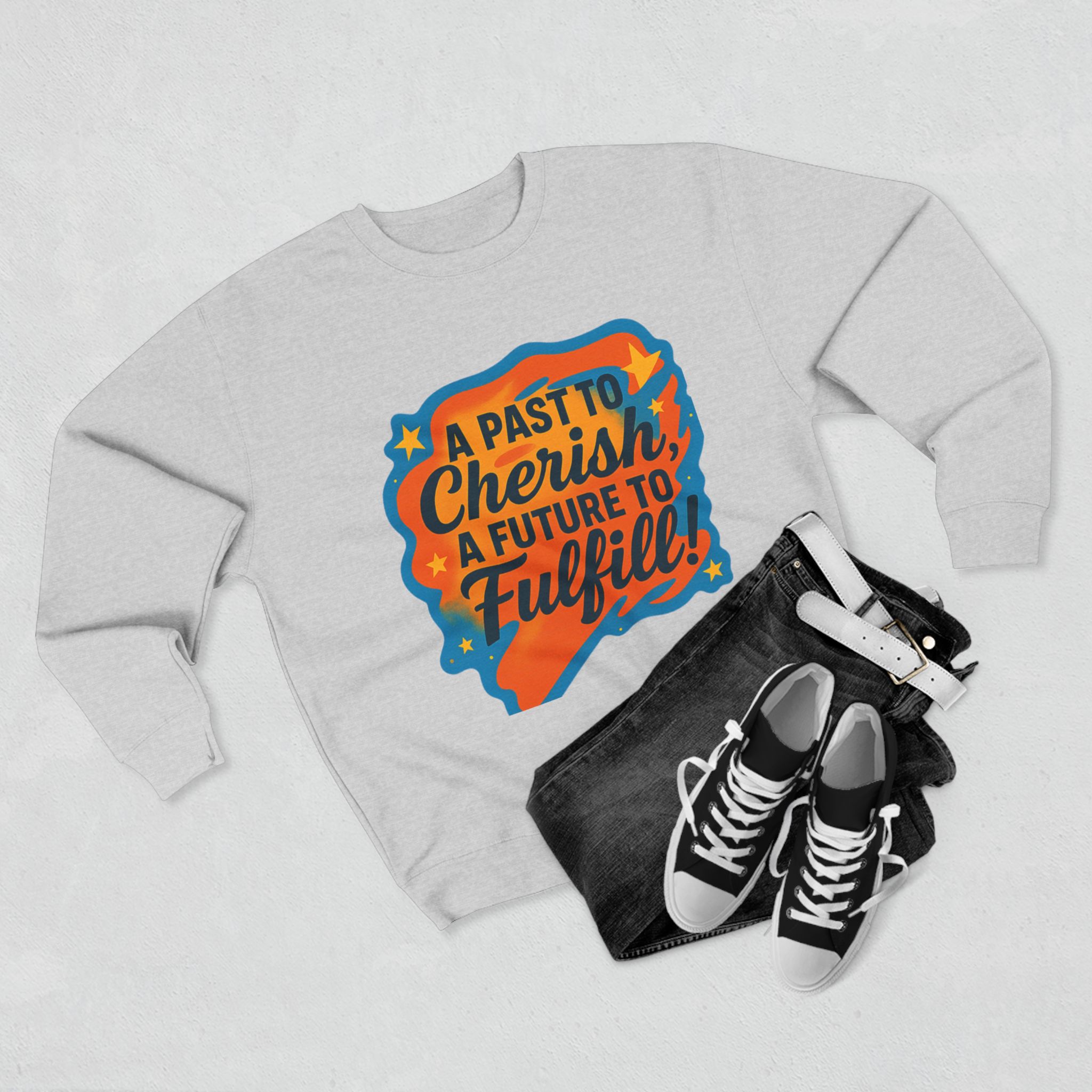 Crewneck Sweatshirt — “A Past to Cherish, A Future to Fulfill” Retro Inspirational Design - Image 7