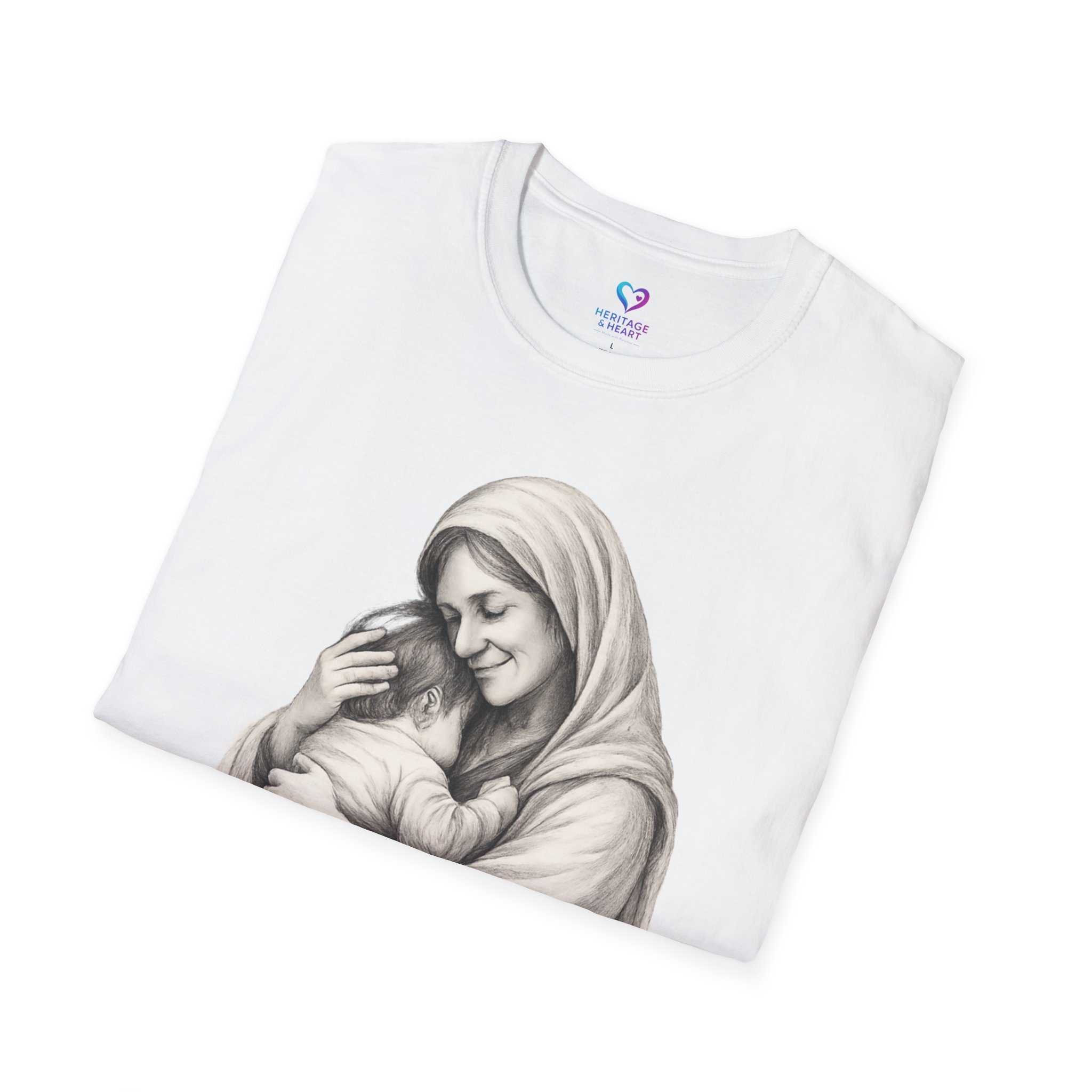 T-Shirt — Madonna and Child Illustration Religious Tee (Mary Embracing Baby Jesus)