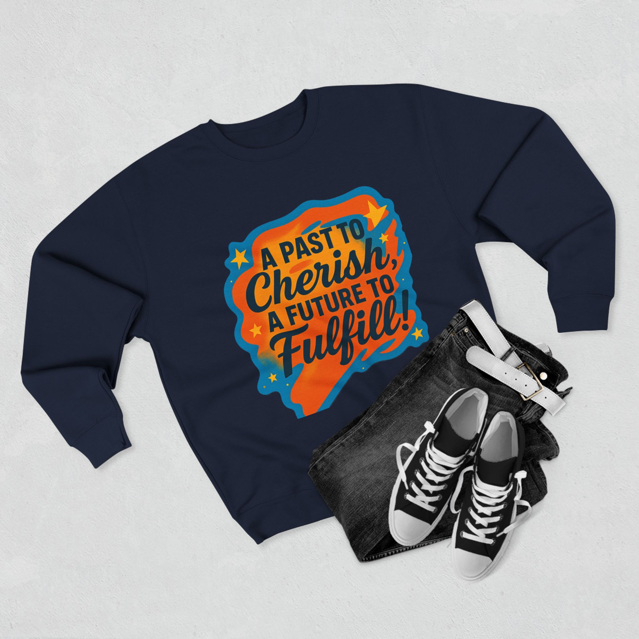 Crewneck Sweatshirt — “A Past to Cherish, A Future to Fulfill” Retro Inspirational Design - Image 3
