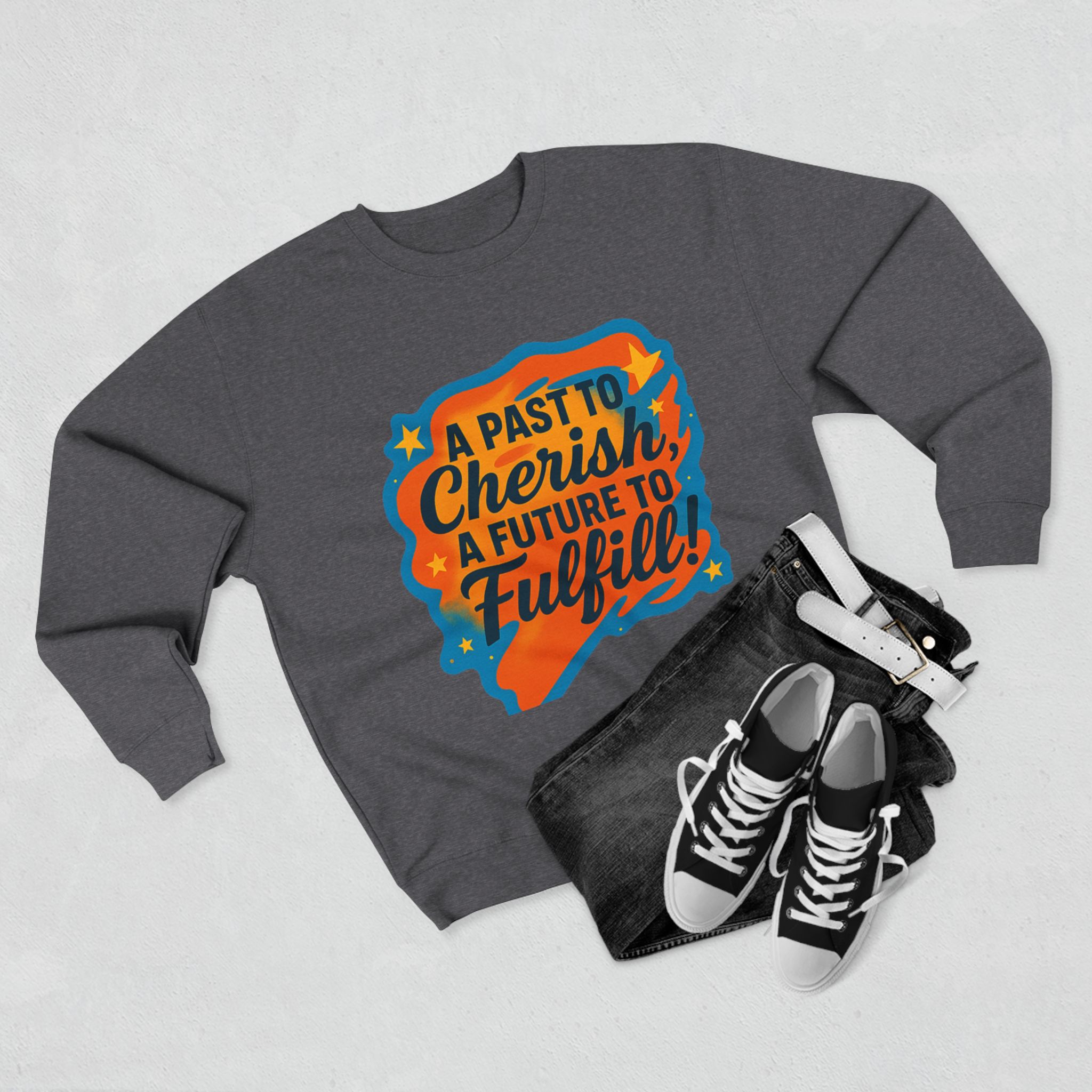 Crewneck Sweatshirt — “A Past to Cherish, A Future to Fulfill” Retro Inspirational Design - Image 11