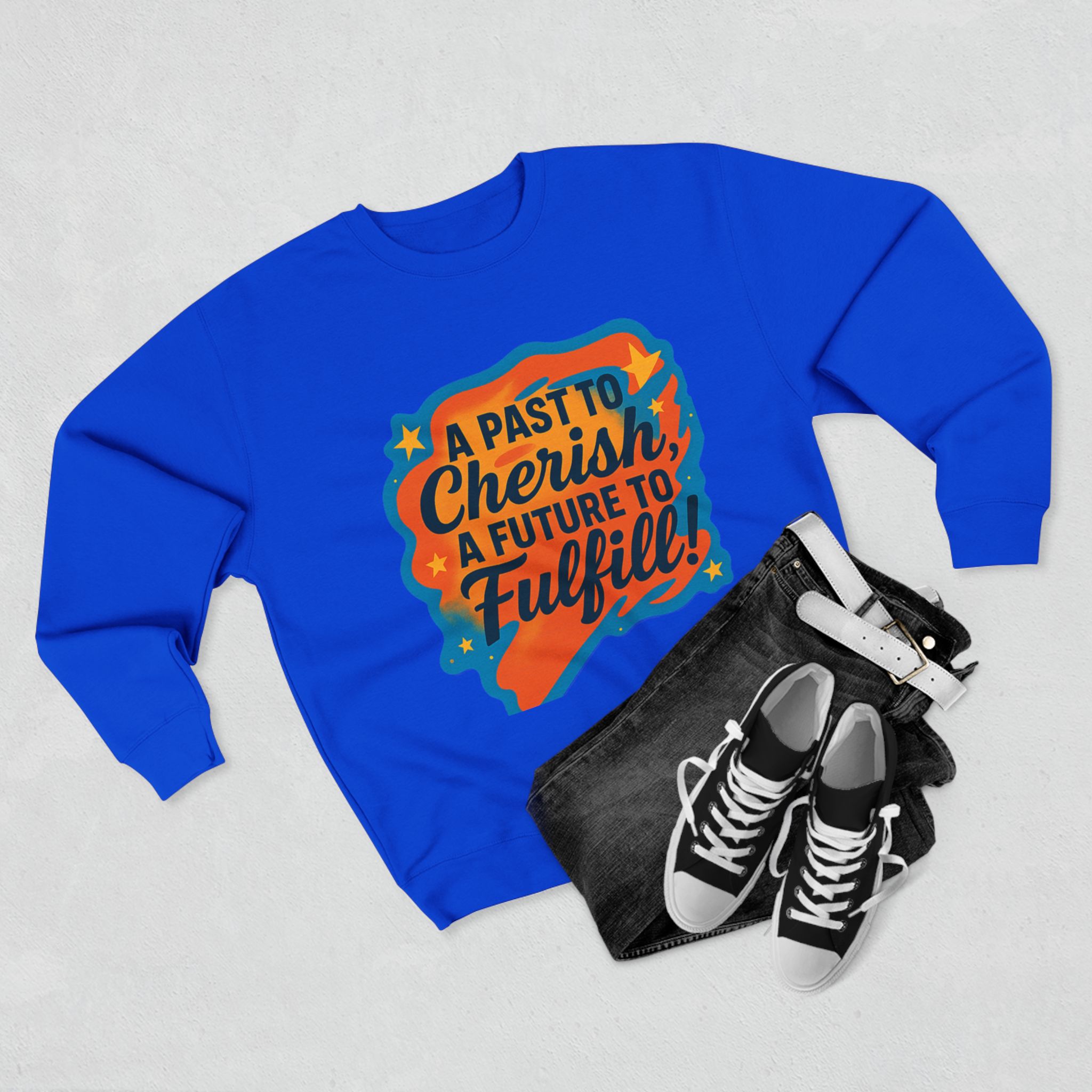 Crewneck Sweatshirt — “A Past to Cherish, A Future to Fulfill” Retro Inspirational Design - Image 19
