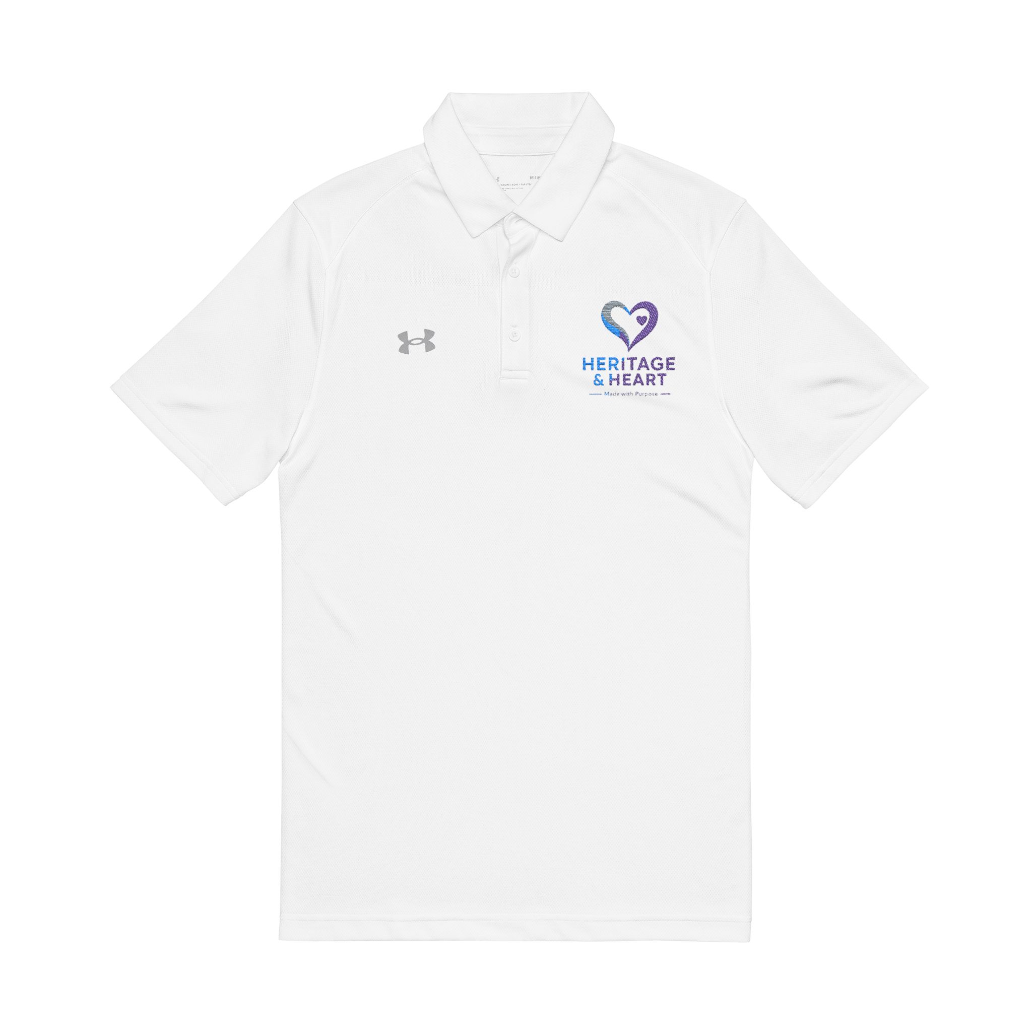 Embroidered Heritage Heart Men’s Polo — White Performance Golf Shirt