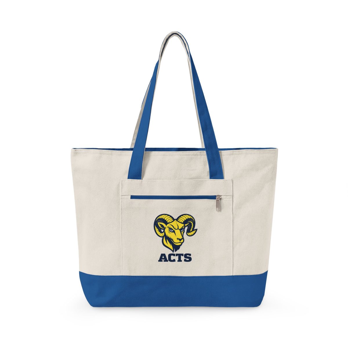 Canvas Tote Bag — Yellow Ram Mascot "ACTS" Zippered Grocery & School Tote
