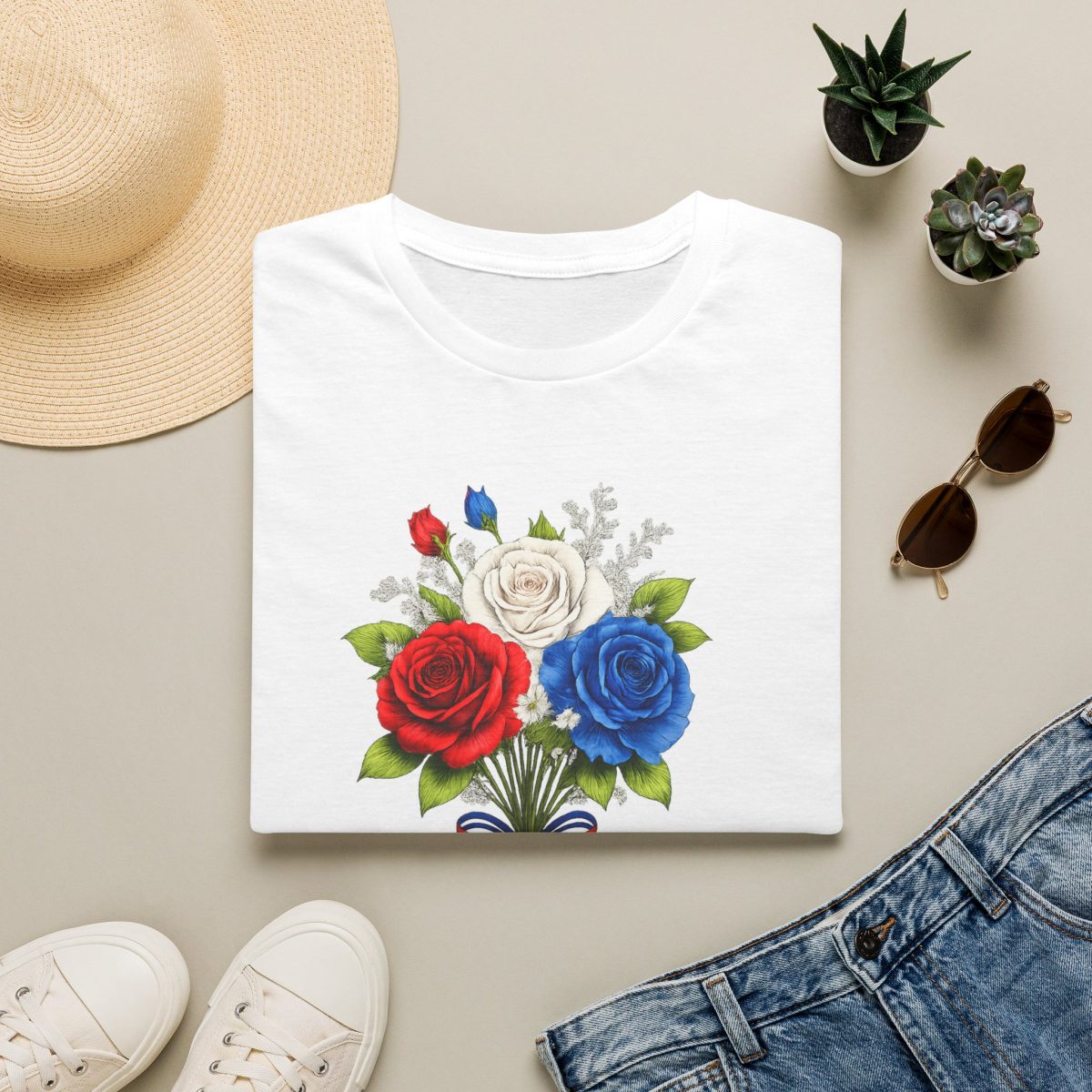 250th Anniversary Floral T-Shirt — Patriotic Red White Blue Bouquet Tee