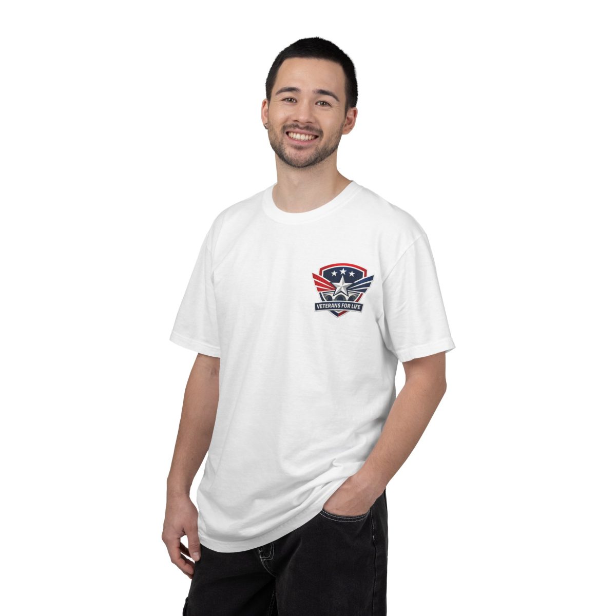 Veterans For Life Pocket Tee — Patriotic American Flag Shield T-Shirt