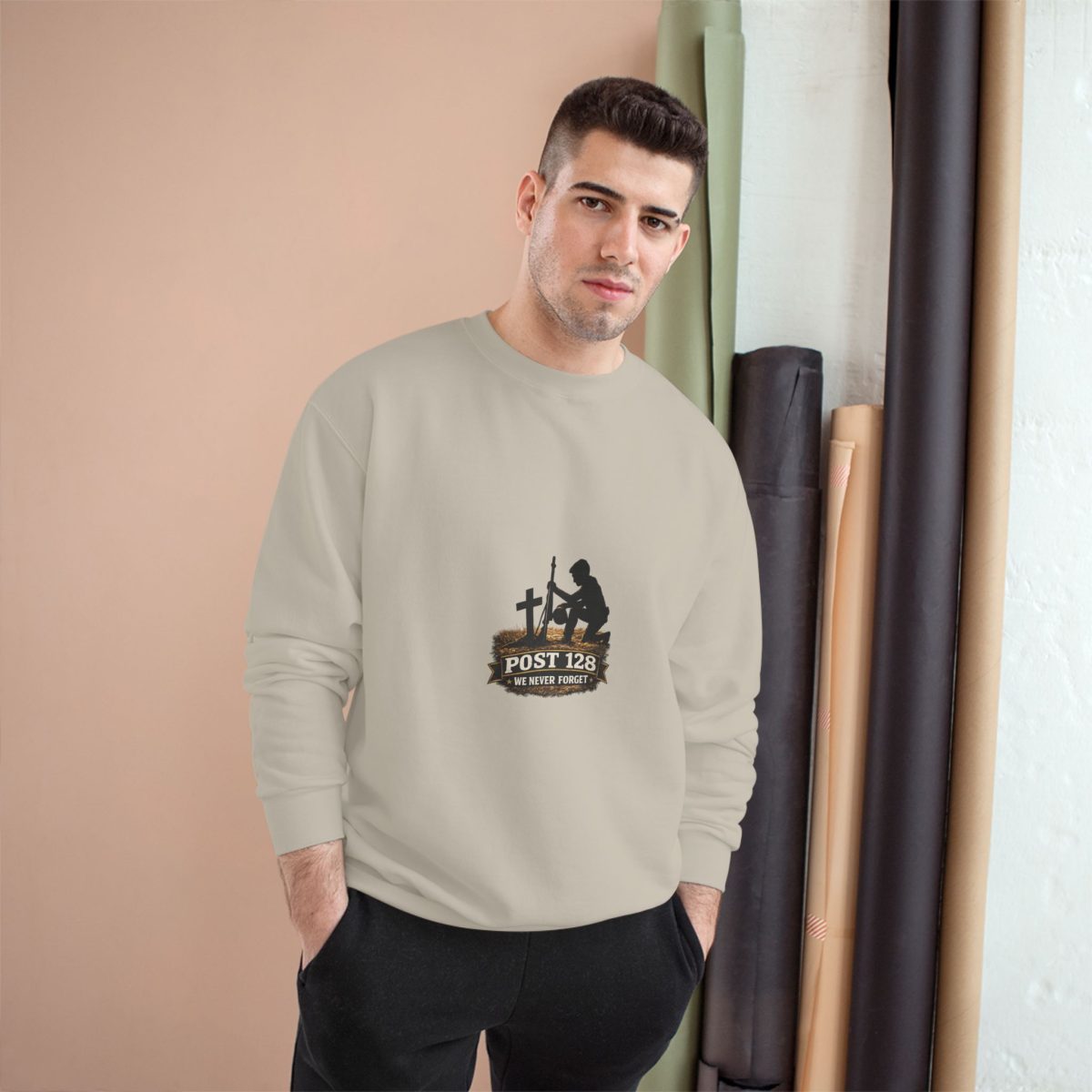 Post 128 Memorial Champion Sweatshirt - Kneeling Soldier Veteran Tribute Crewneck