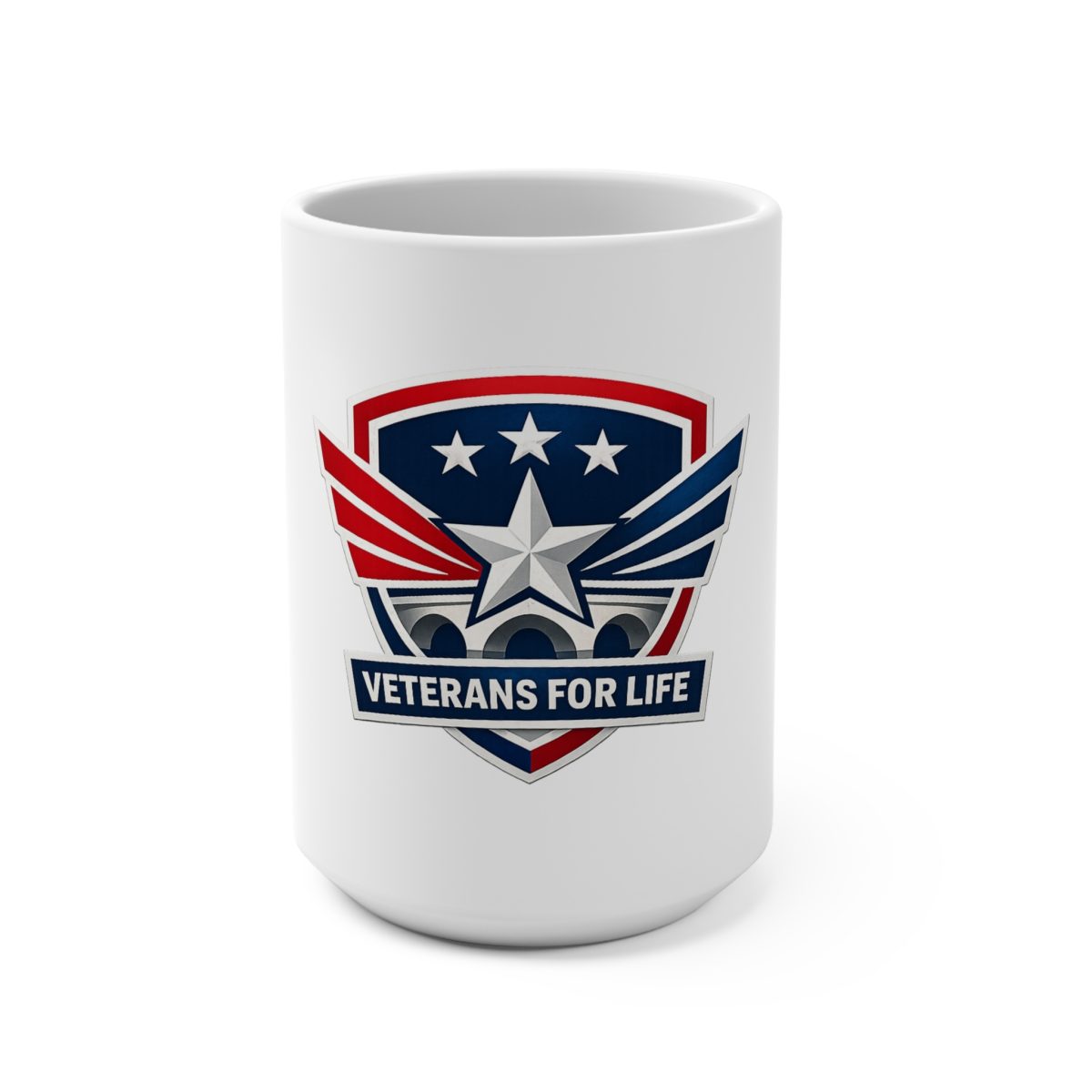 Veterans For Life 15oz Ceramic Coffee Mug — Patriotic Military Emblem Gift