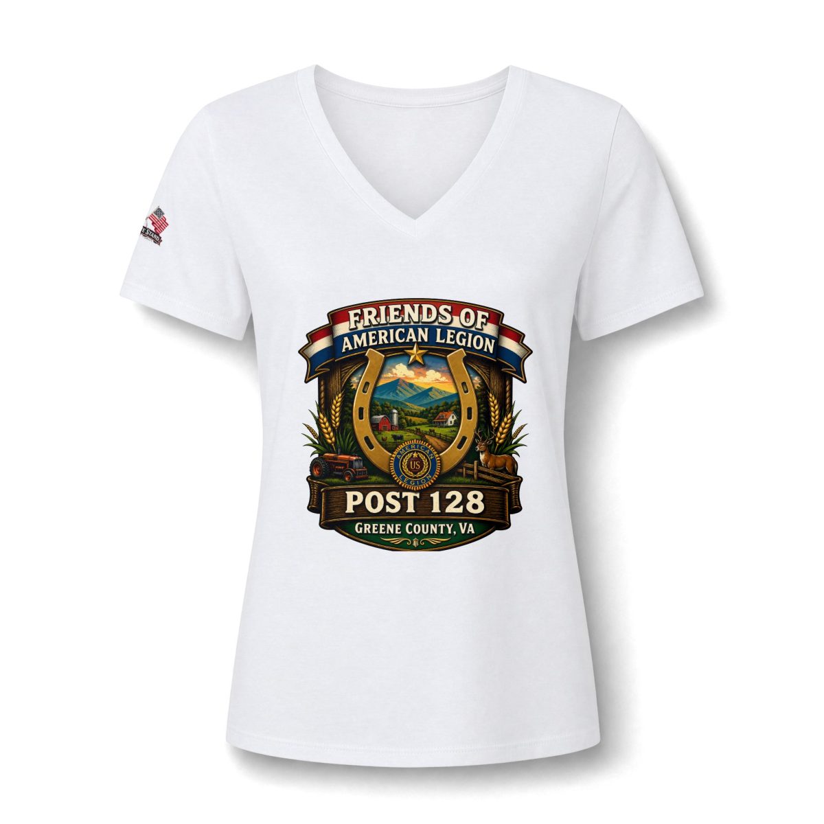 Friends of American Legion Post 128 Women's V-Neck Tee — Greene County VA FLAG ON SLEEVE