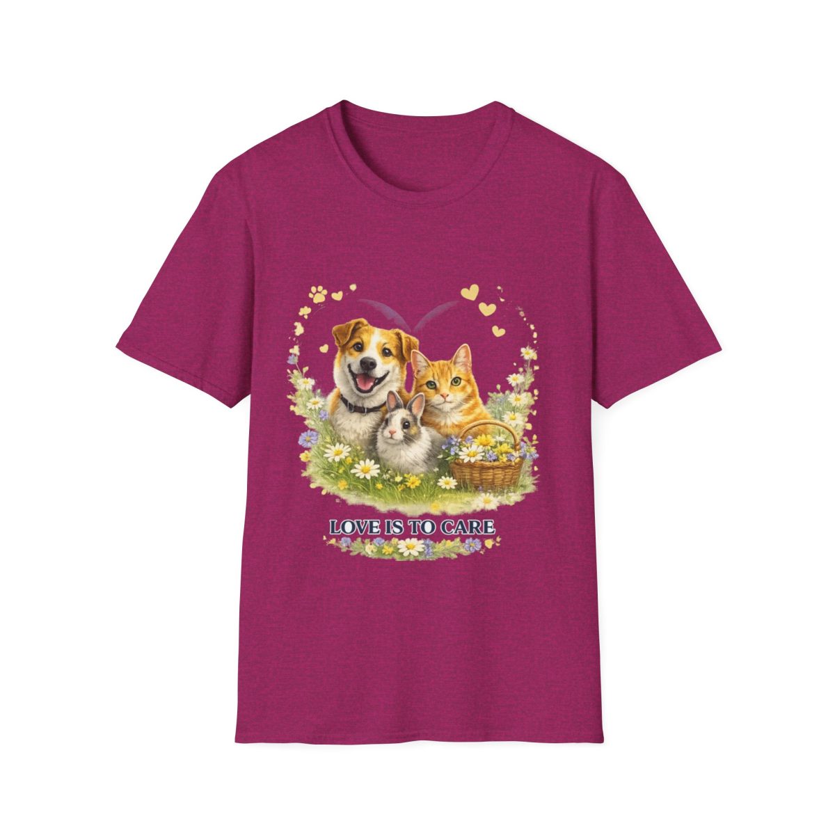 Pet Lovers T‑Shirt — "Love is to Care" Dog, Cat & Bunny Graphic Tee