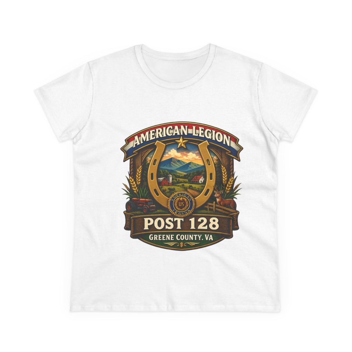 American Legion Post 128 Women's Tee — Greene County VA Horseshoe Emblem