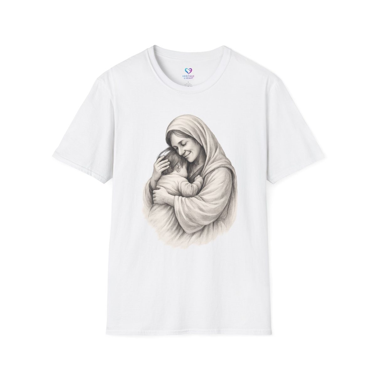 T-Shirt — Madonna and Child Illustration Religious Tee (Mary Embracing Baby Jesus)
