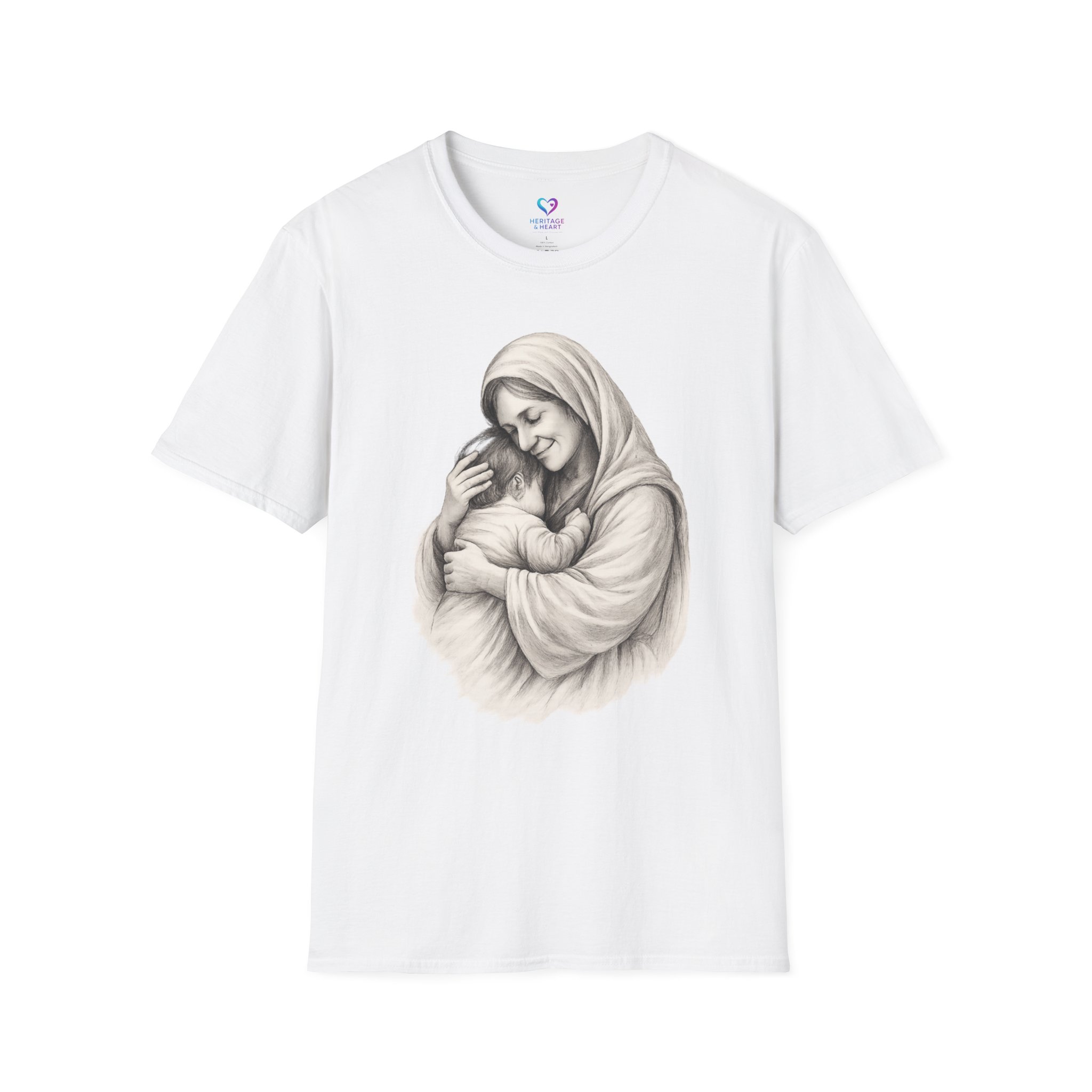 T-Shirt — Madonna and Child Illustration Religious Tee (Mary Embracing Baby Jesus)