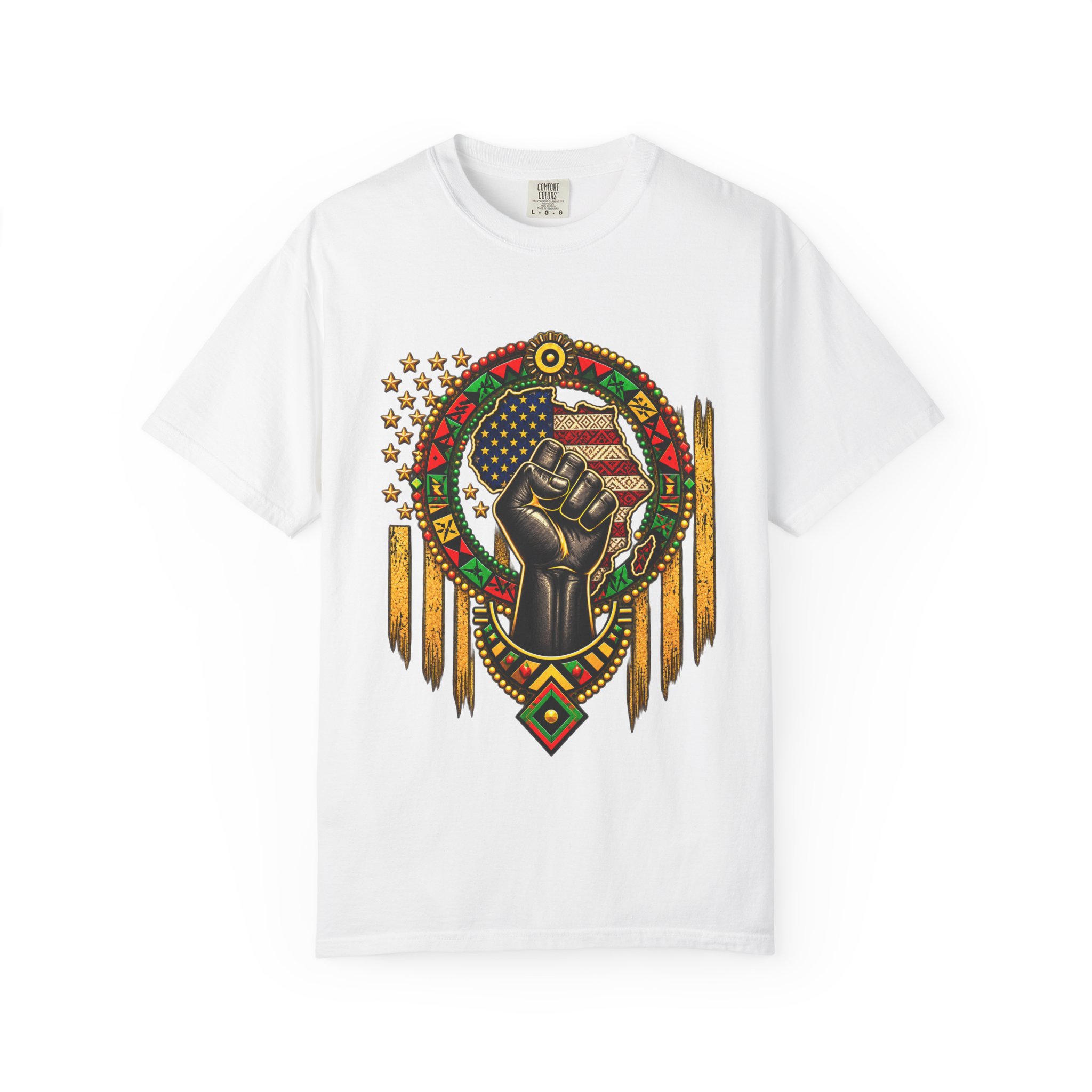 Black Power Fist T-Shirt with Afrocentric American Flag Design - Image 2