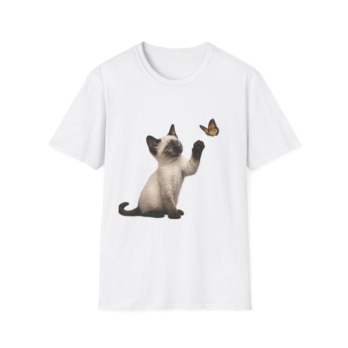 Siamese Kitten & Monarch Butterfly T-Shirt — Playful Cat Graphic Tee
