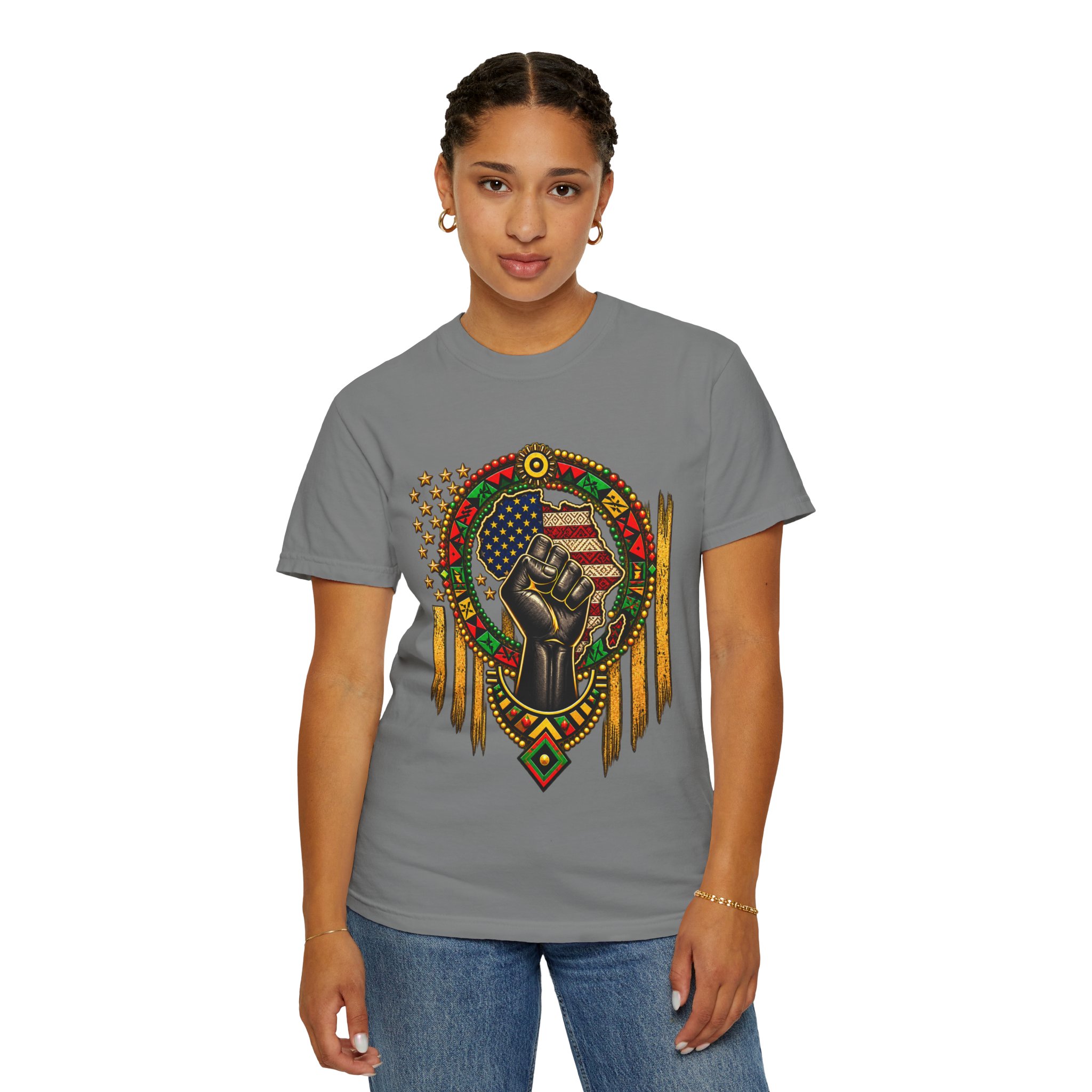 Black Power Fist T-Shirt with Afrocentric American Flag Design - Image 4