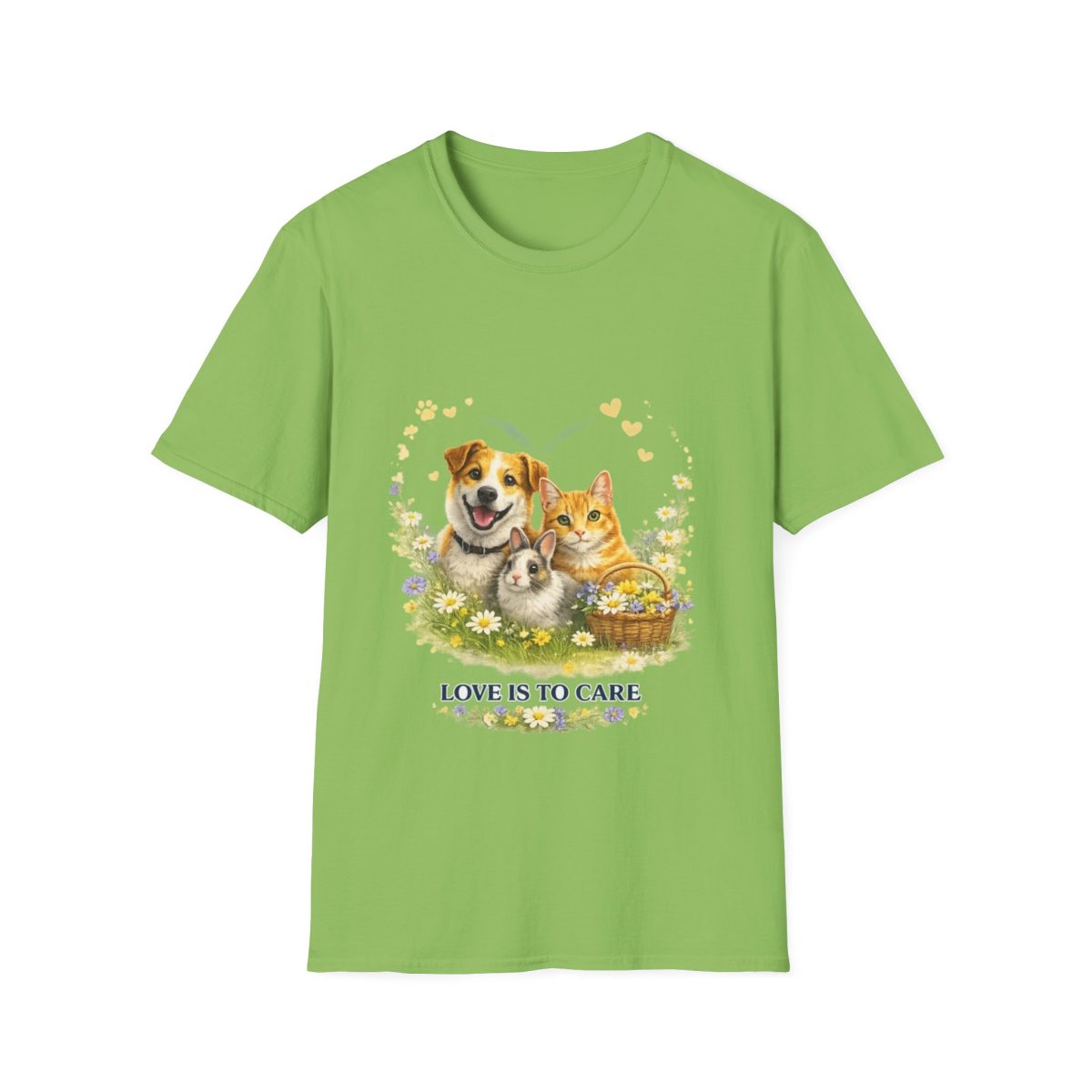 Pet Love T-Shirt — "Love Is To Care" Dog, Cat & Rabbit Graphic Tee