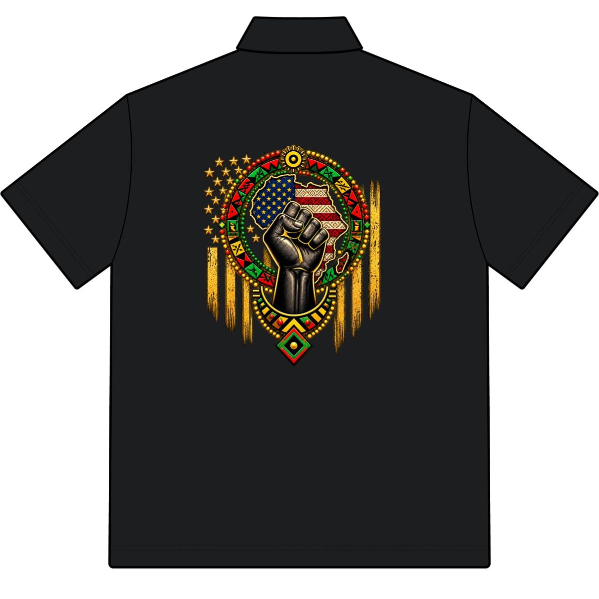 Black Polo Shirt with Afrocentric Raised Fist & American Flag Graphic