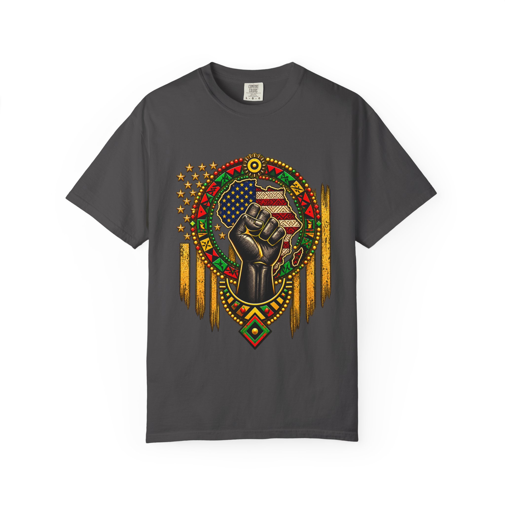 Black Power Fist T-Shirt with Afrocentric American Flag Design - Image 5