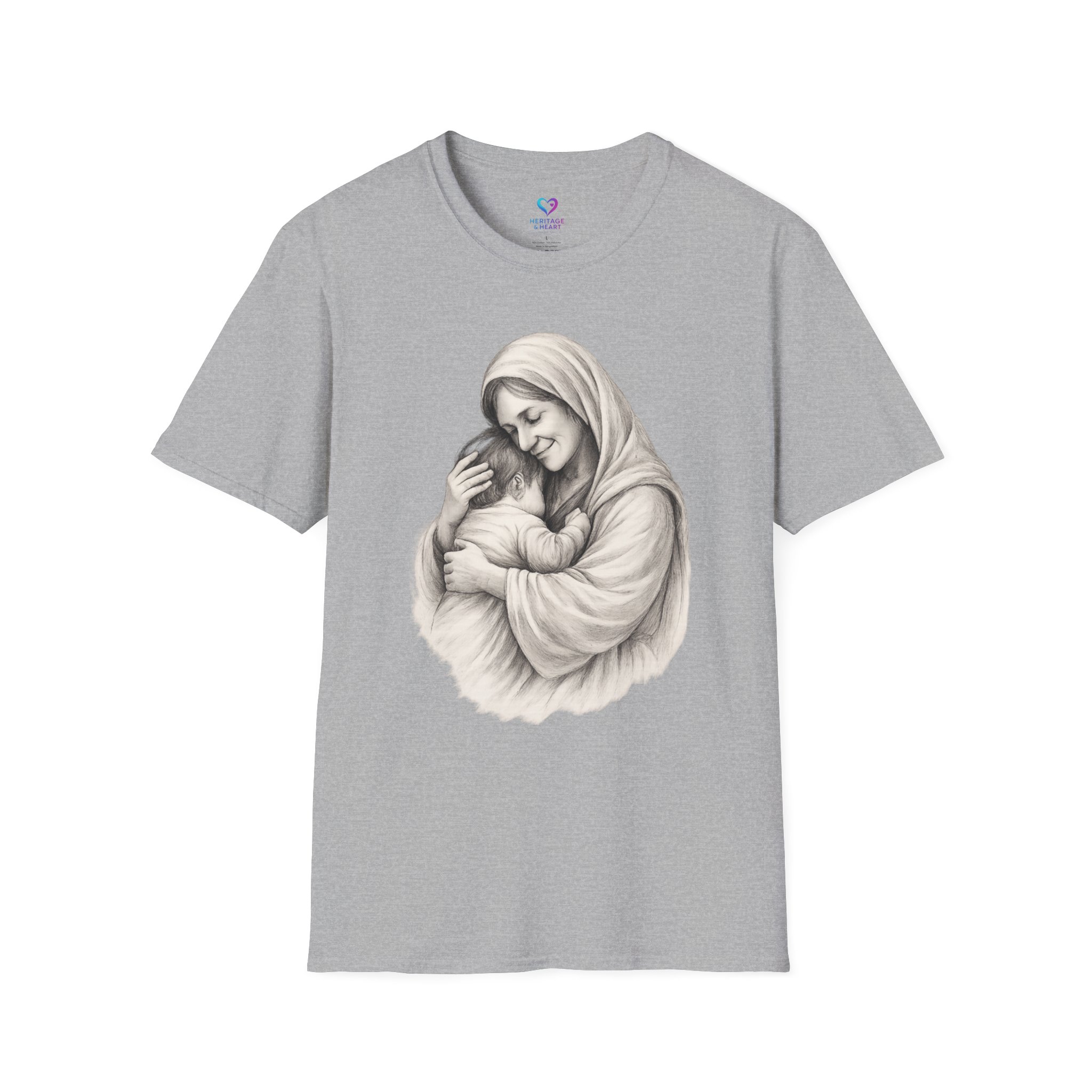 T-Shirt — Madonna and Child Illustration Religious Tee (Mary Embracing Baby Jesus) - Image 2