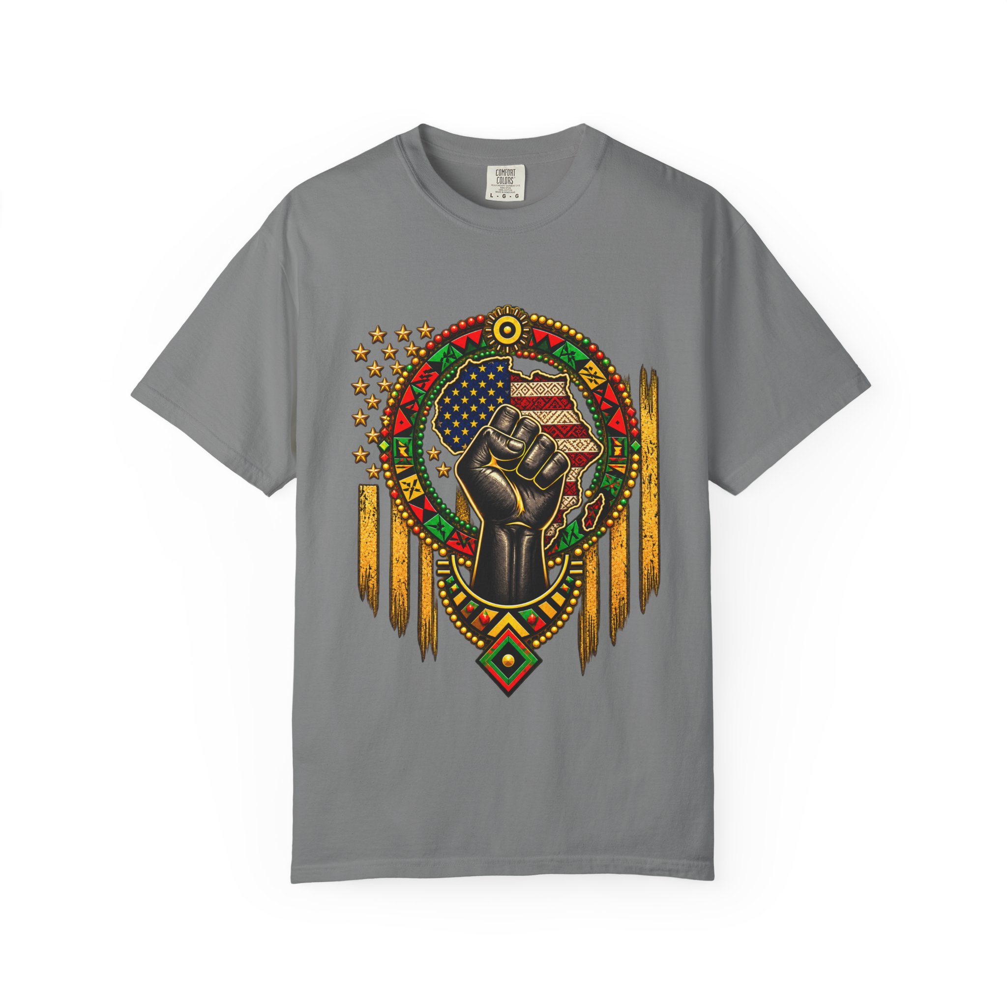 Black Power Fist T-Shirt with Afrocentric American Flag Design - Image 3