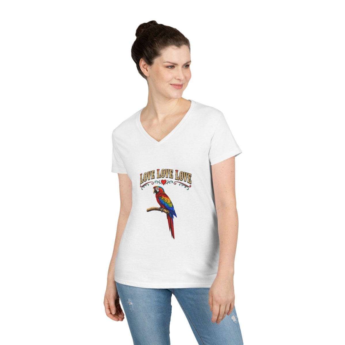 Love Love Love Parrot V‑Neck Tee — Tropical Bird Graphic Ladies' T‑Shirt