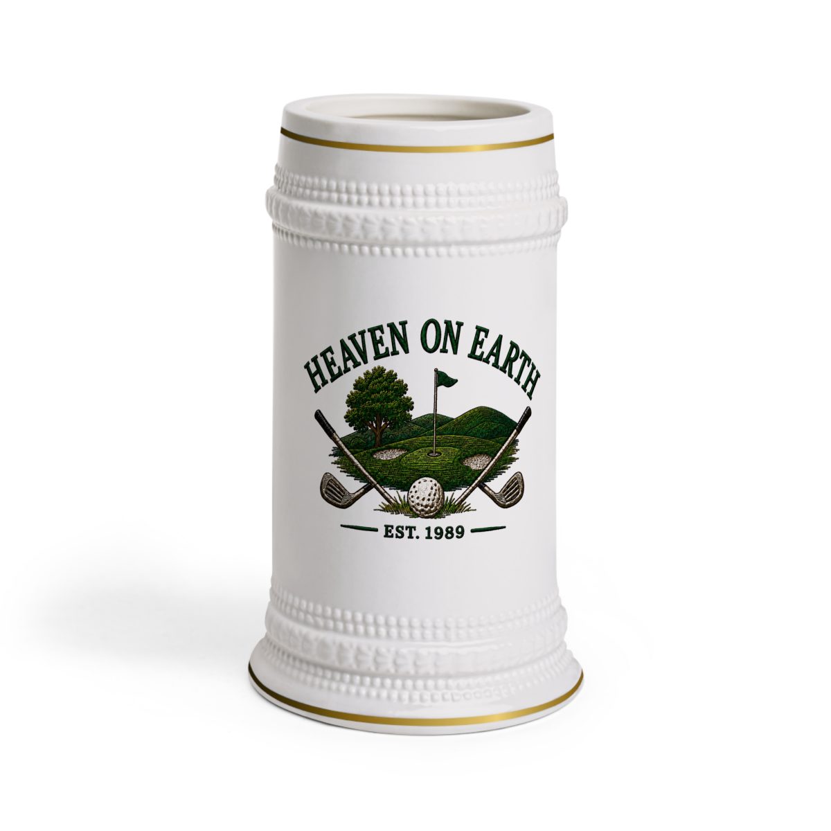 Heaven on Earth Golf Beer Stein Mug — Vintage Golf Course Ceramic Stein (Est. 1989)