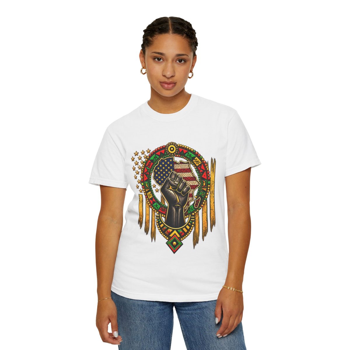 Black Power Fist T-Shirt with Afrocentric American Flag Design