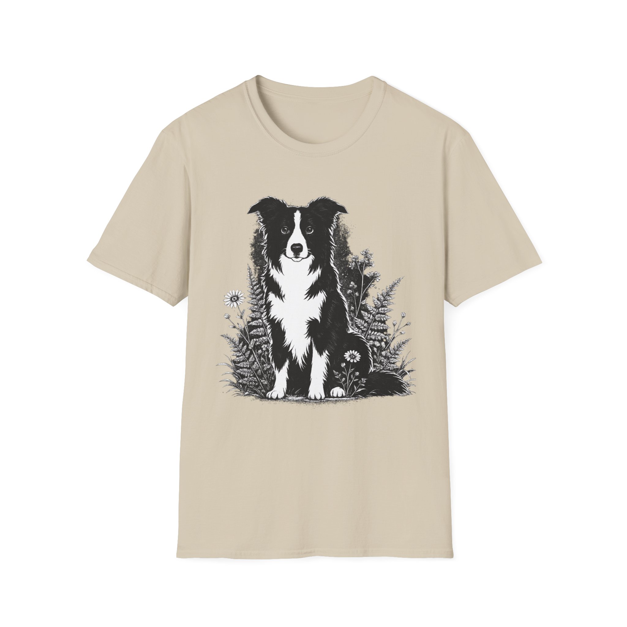 Border Collie Floral Tee — Black & White Dog Illustration T-Shirt - Image 4