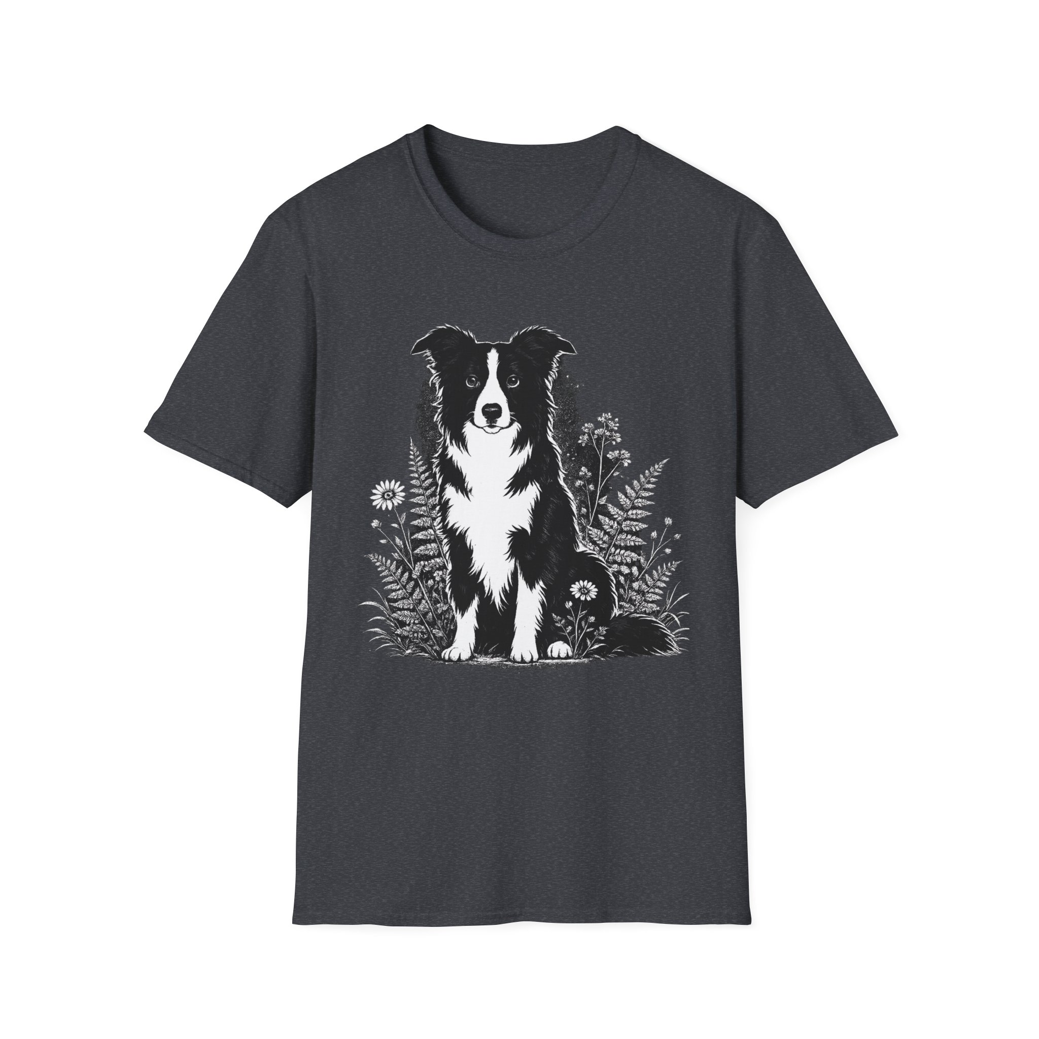 Border Collie Floral Tee — Black & White Dog Illustration T-Shirt - Image 9