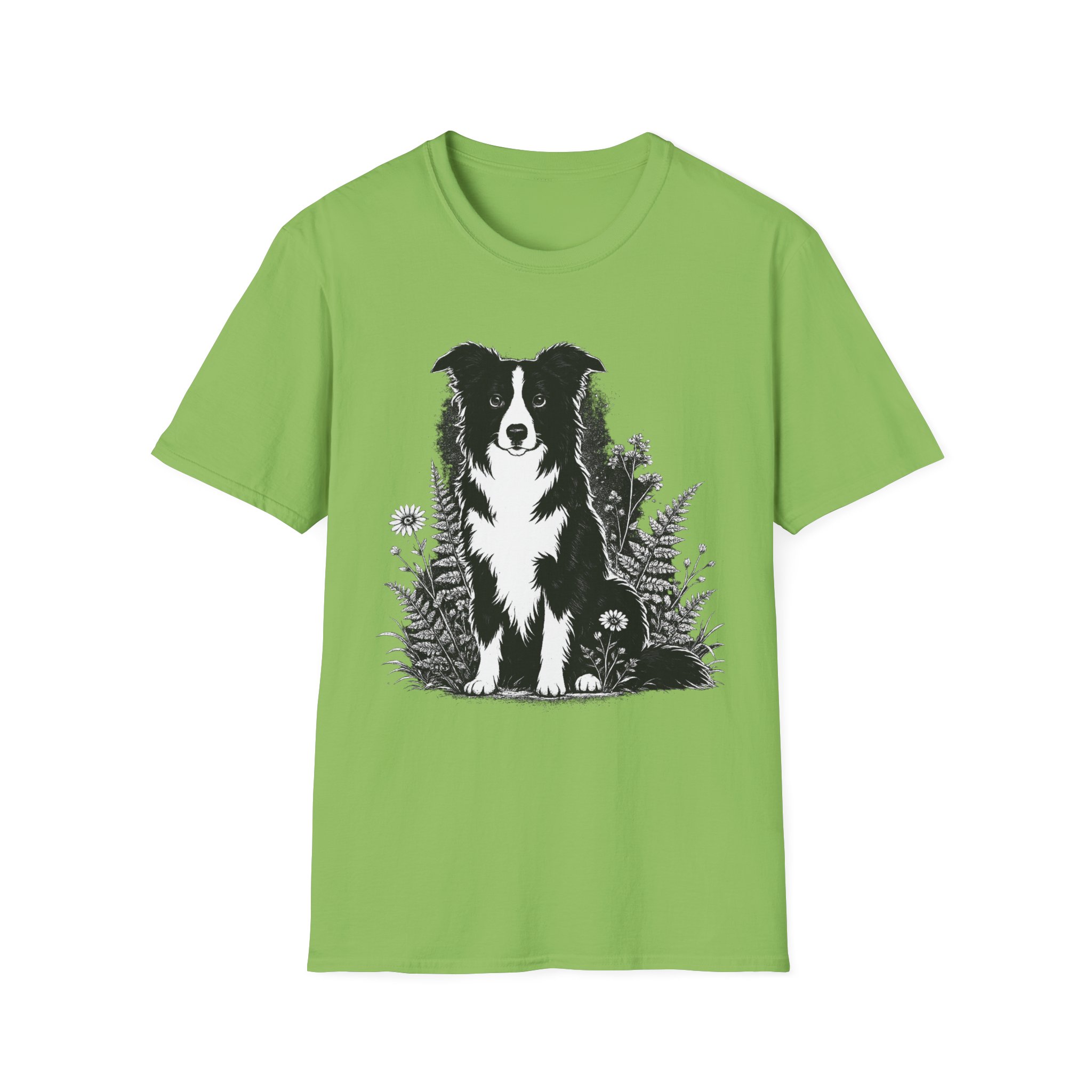 Border Collie Floral Tee — Black & White Dog Illustration T-Shirt - Image 8