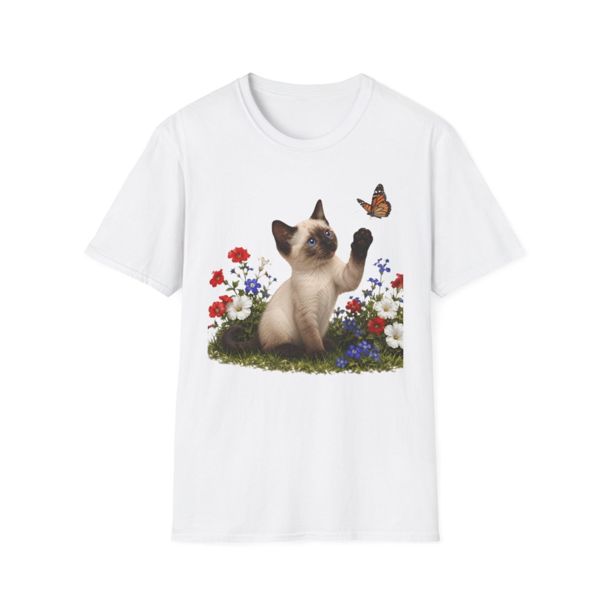 Siamese Kitten & Butterfly T-Shirt — Cute Cat Floral Tee for Cat Lovers