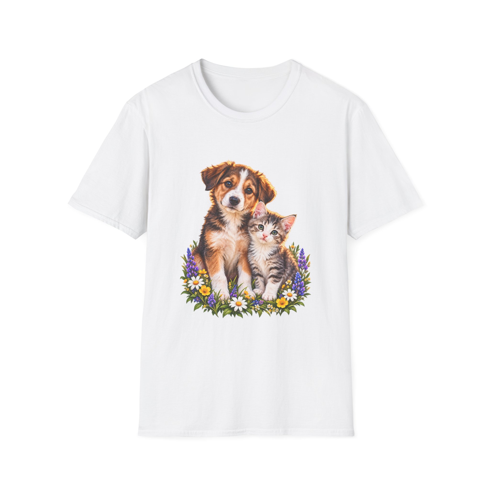 Cute Puppy and Kitten T-Shirt — Floral Friends Animal Lover Tee - Image 2