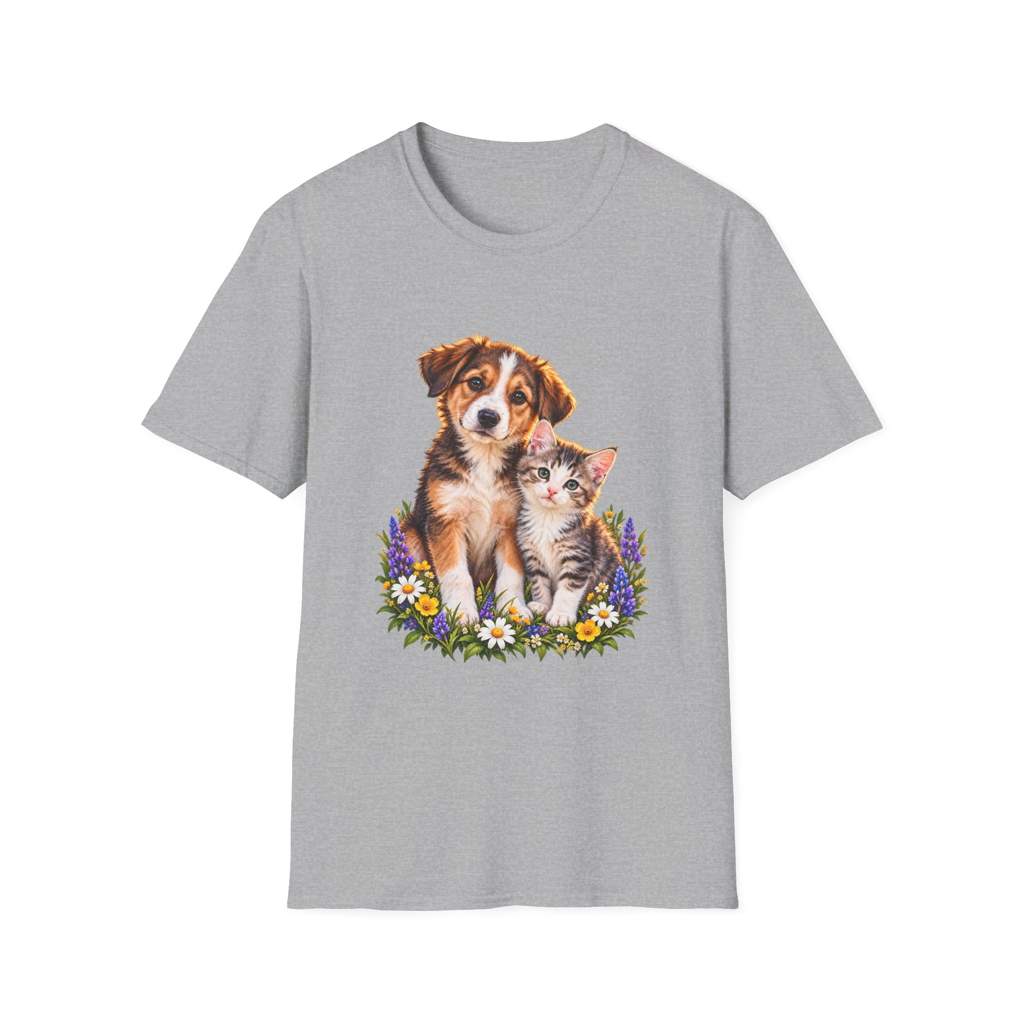 Cute Puppy and Kitten T-Shirt — Floral Friends Animal Lover Tee - Image 5