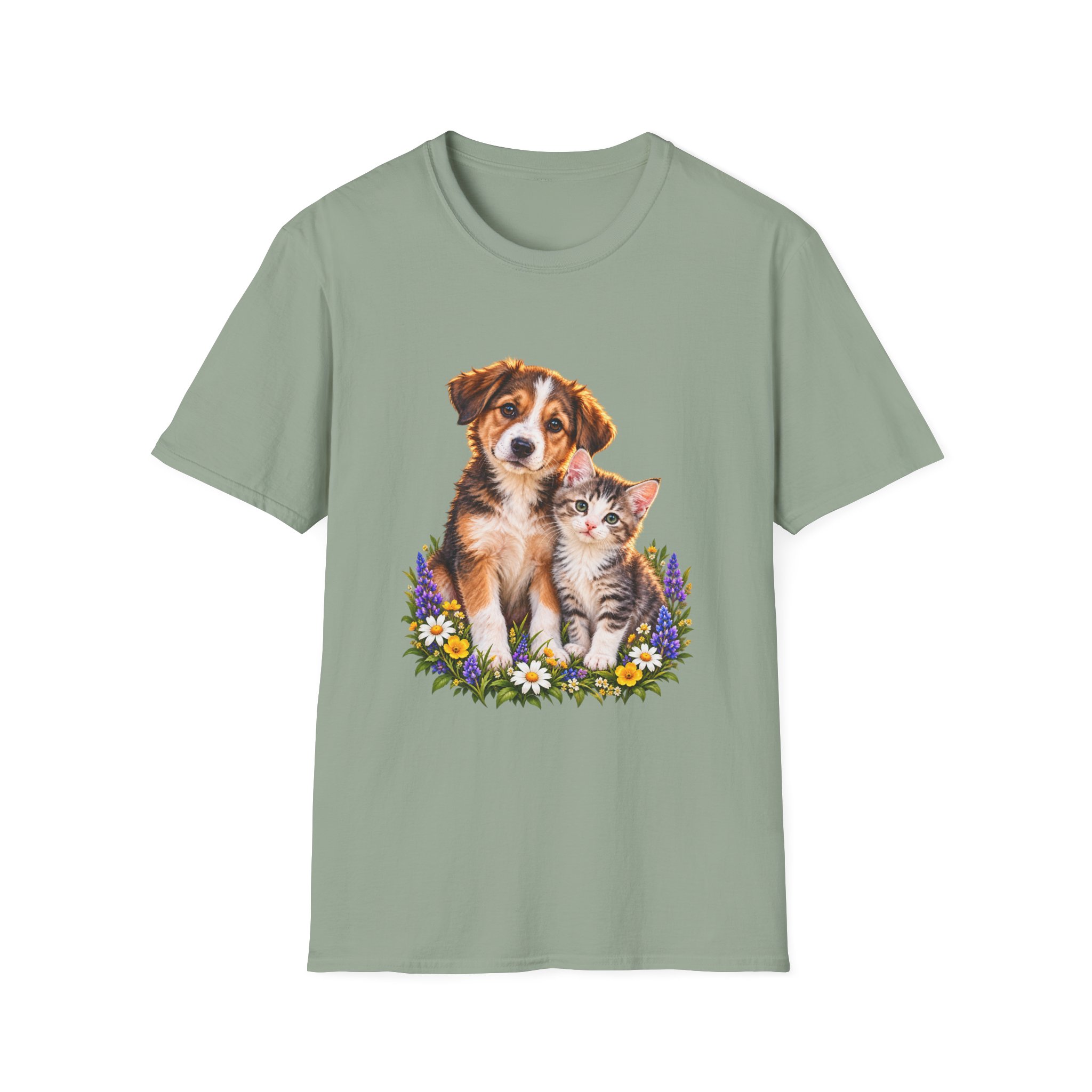 Cute Puppy and Kitten T-Shirt — Floral Friends Animal Lover Tee - Image 7