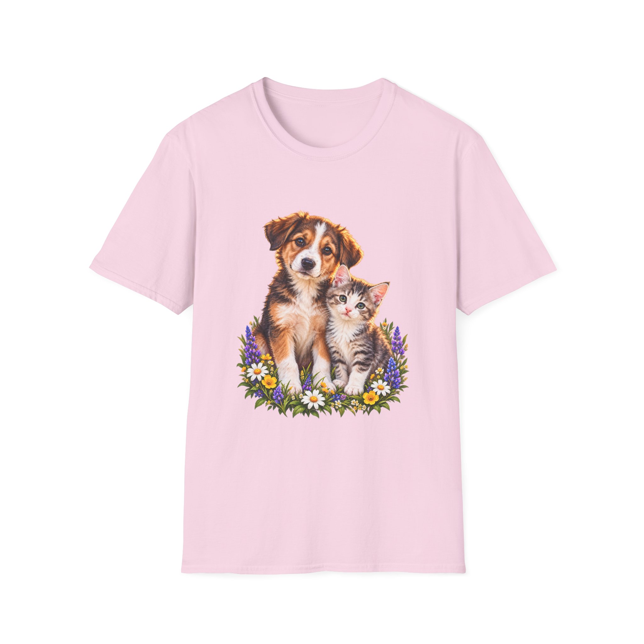 Cute Puppy and Kitten T-Shirt — Floral Friends Animal Lover Tee - Image 13