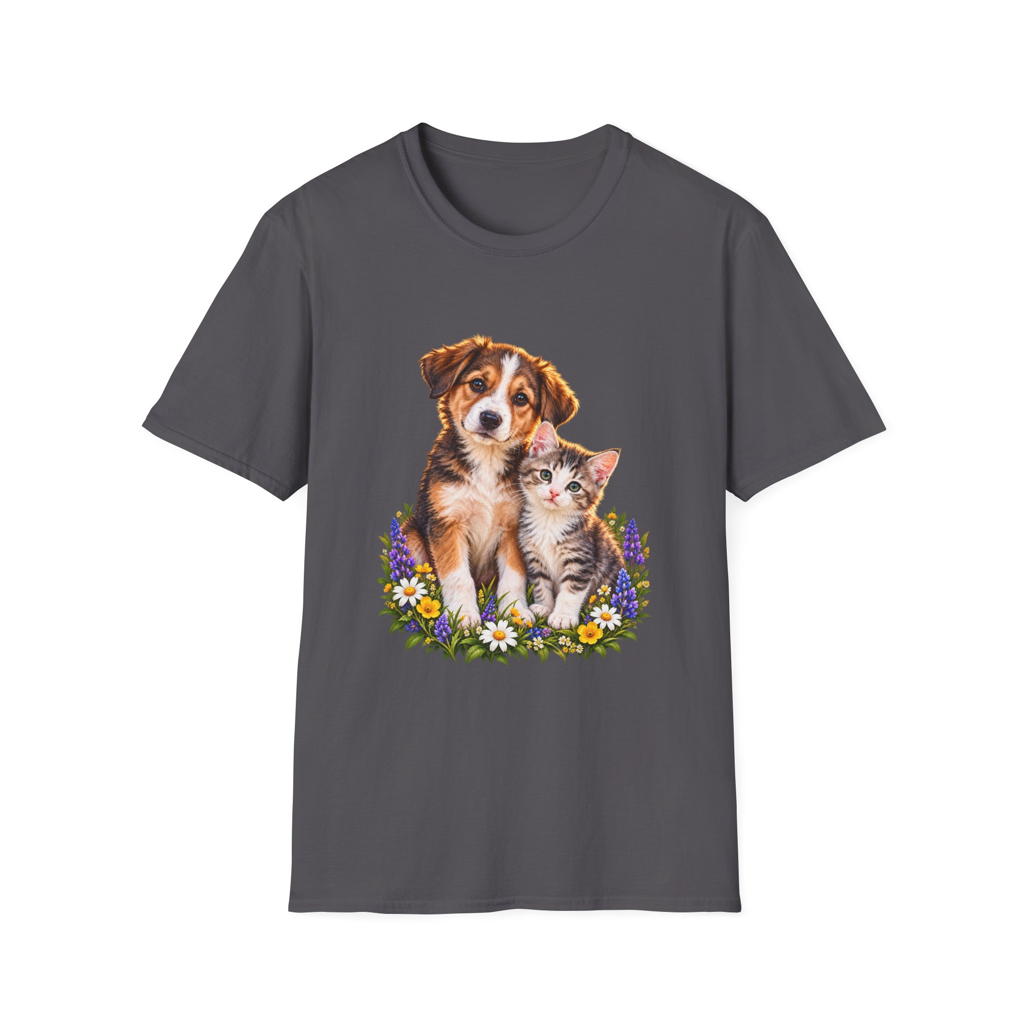 Cute Puppy and Kitten T-Shirt — Floral Friends Animal Lover Tee - Image 11