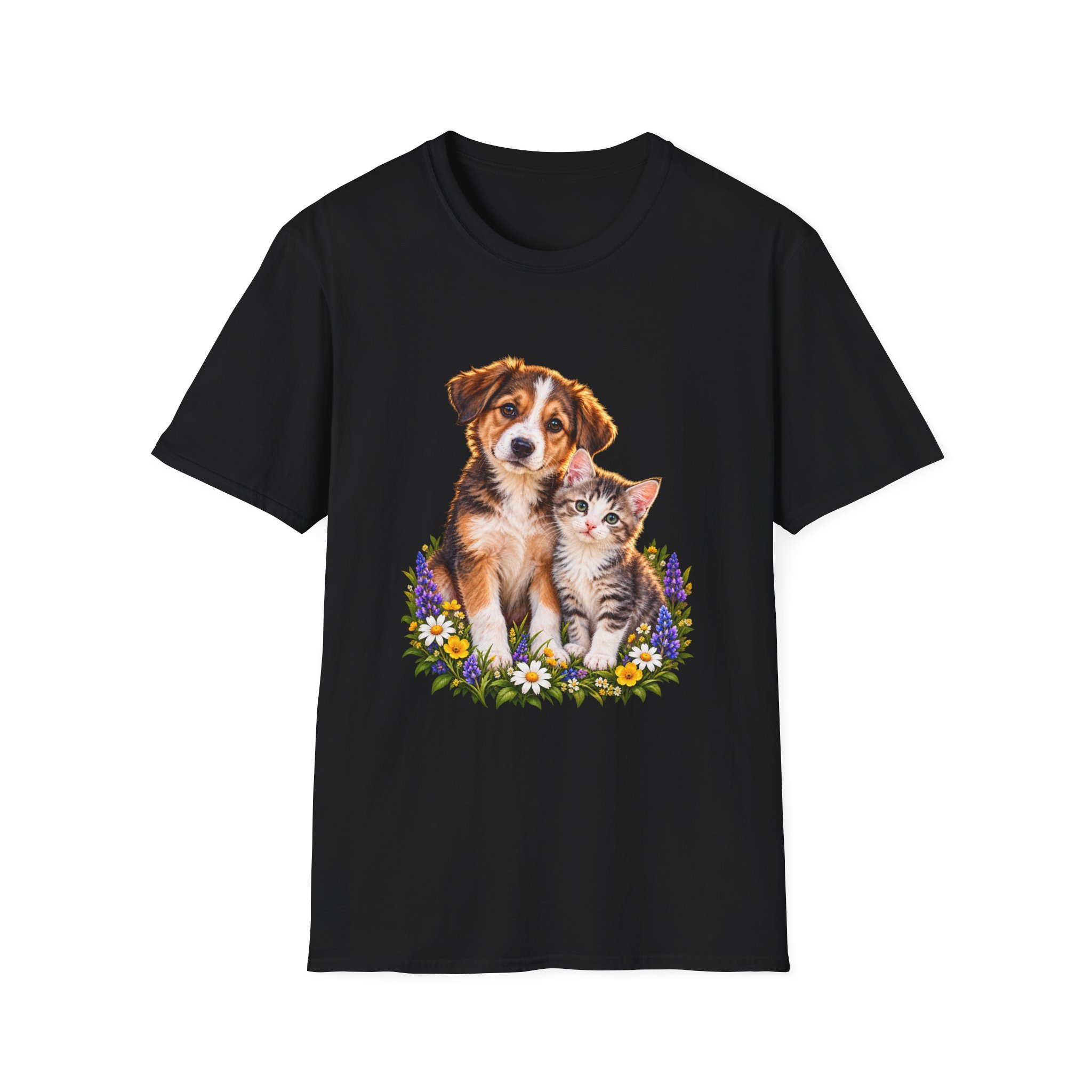 Cute Puppy and Kitten T-Shirt — Floral Friends Animal Lover Tee - Image 3