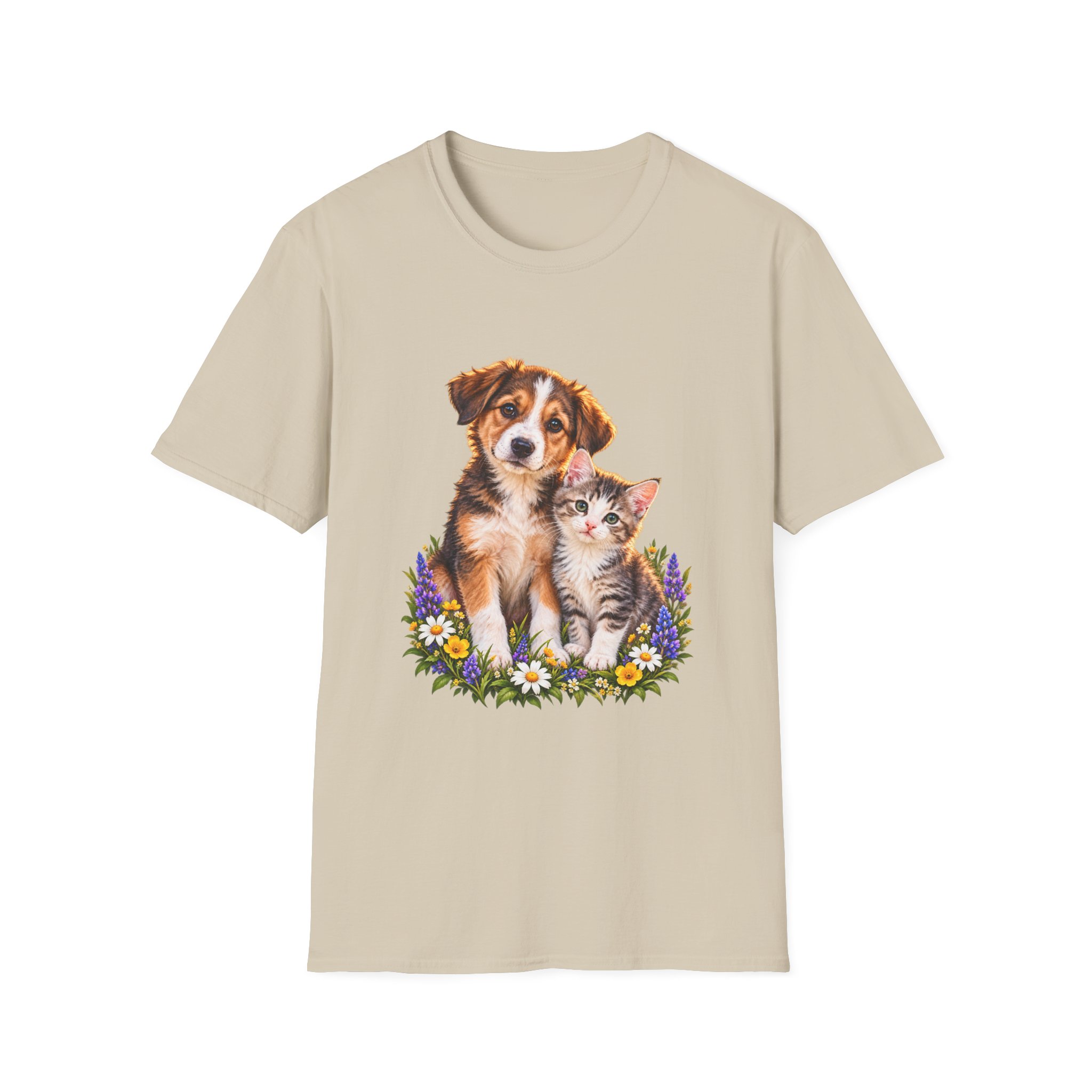 Cute Puppy and Kitten T-Shirt — Floral Friends Animal Lover Tee - Image 4
