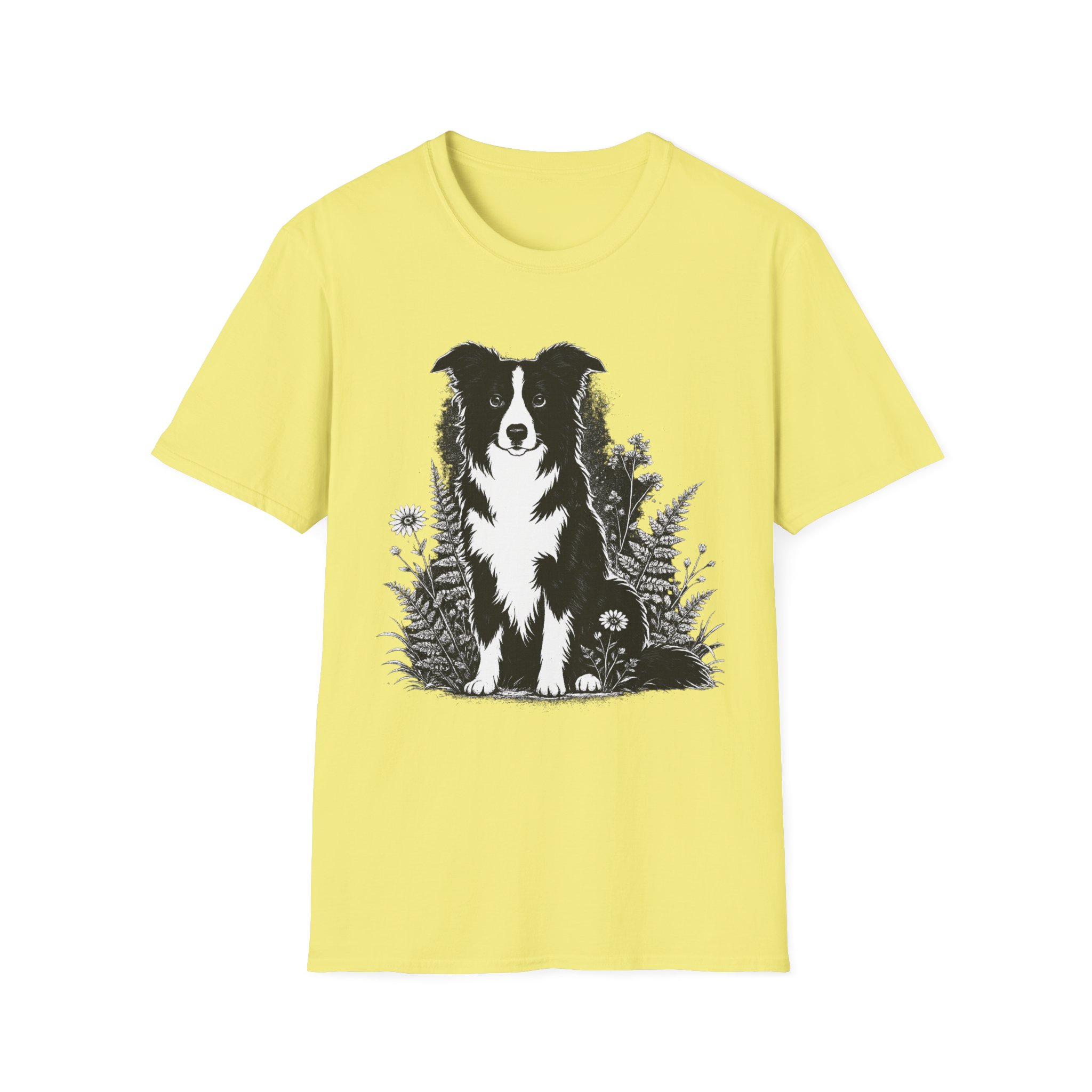 Border Collie Floral Tee — Black & White Dog Illustration T-Shirt - Image 6