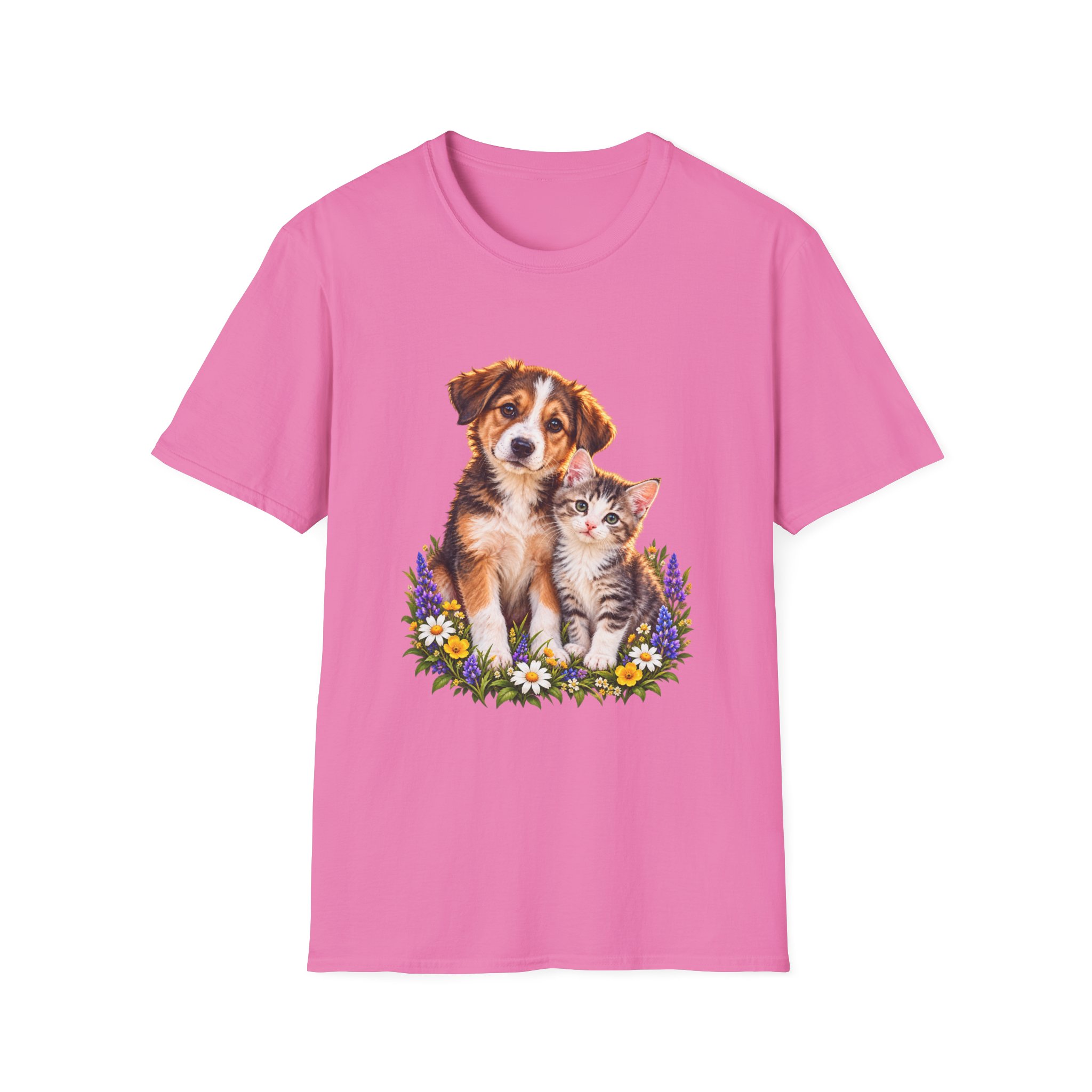 Cute Puppy and Kitten T-Shirt — Floral Friends Animal Lover Tee - Image 14