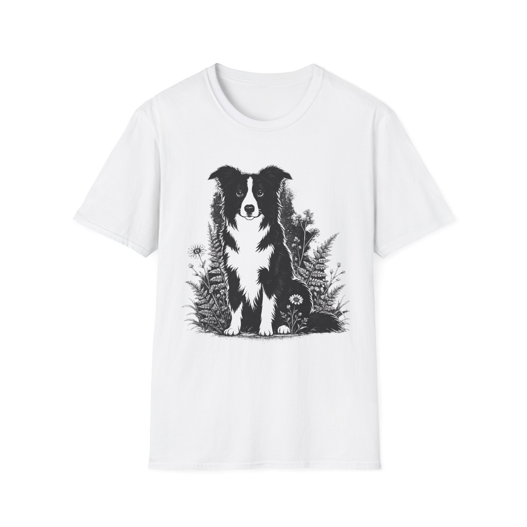 Border Collie Floral Tee — Black & White Dog Illustration T-Shirt - Image 2