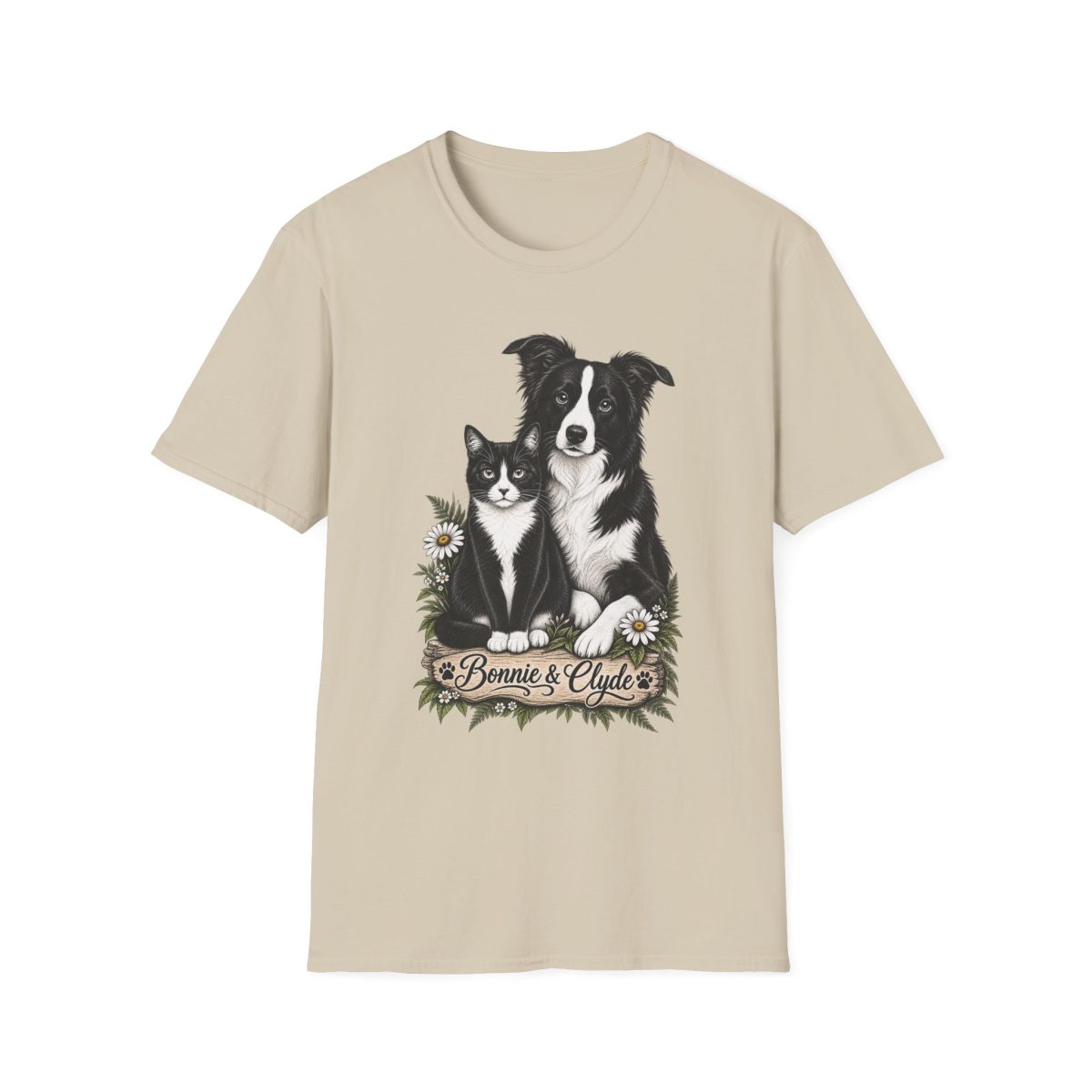 Dog & Cat Portrait T-Shirt — "Bonnie & Clyde" Border Collie and Tuxedo Cat Tee