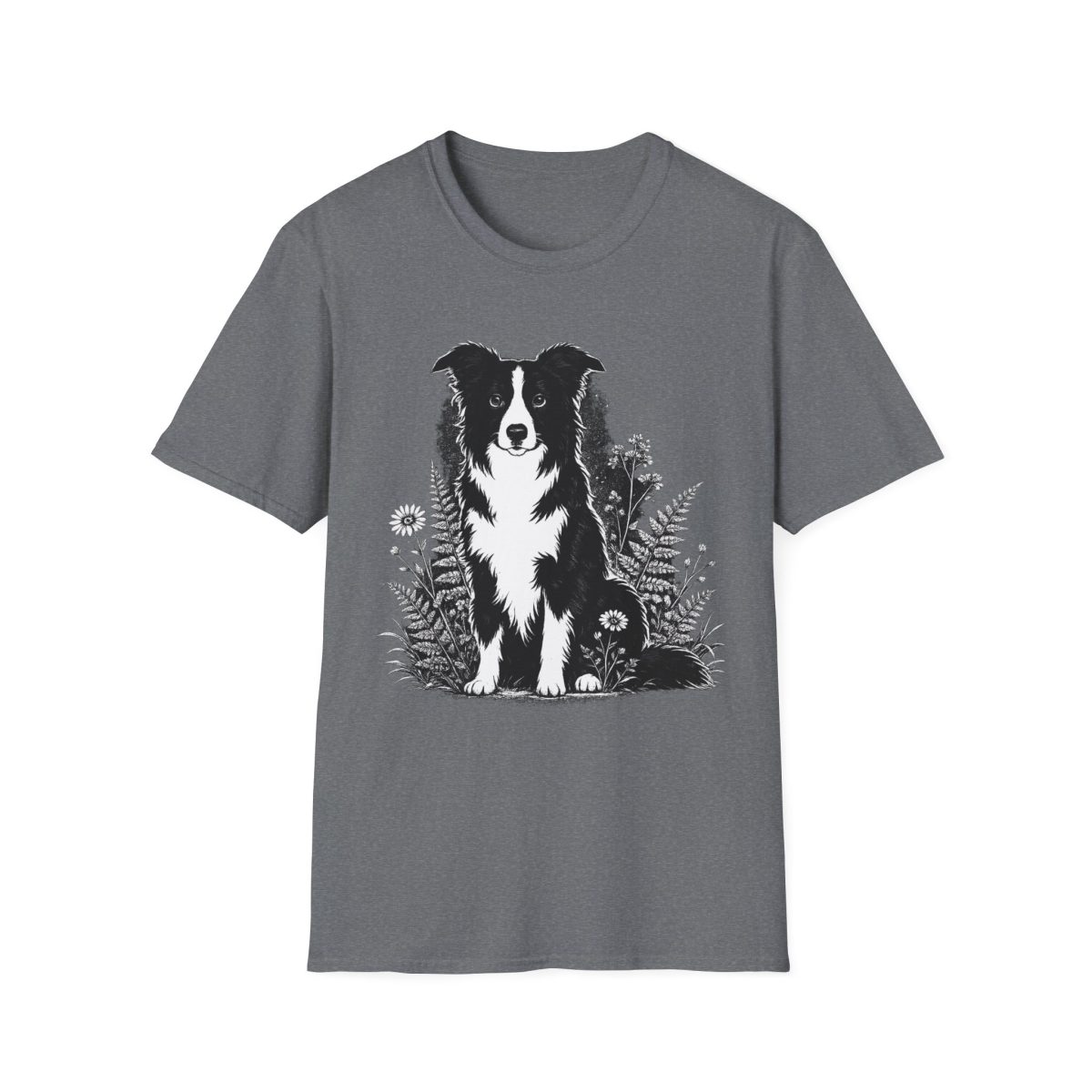 Border Collie Floral Tee — Black & White Dog Illustration T-Shirt
