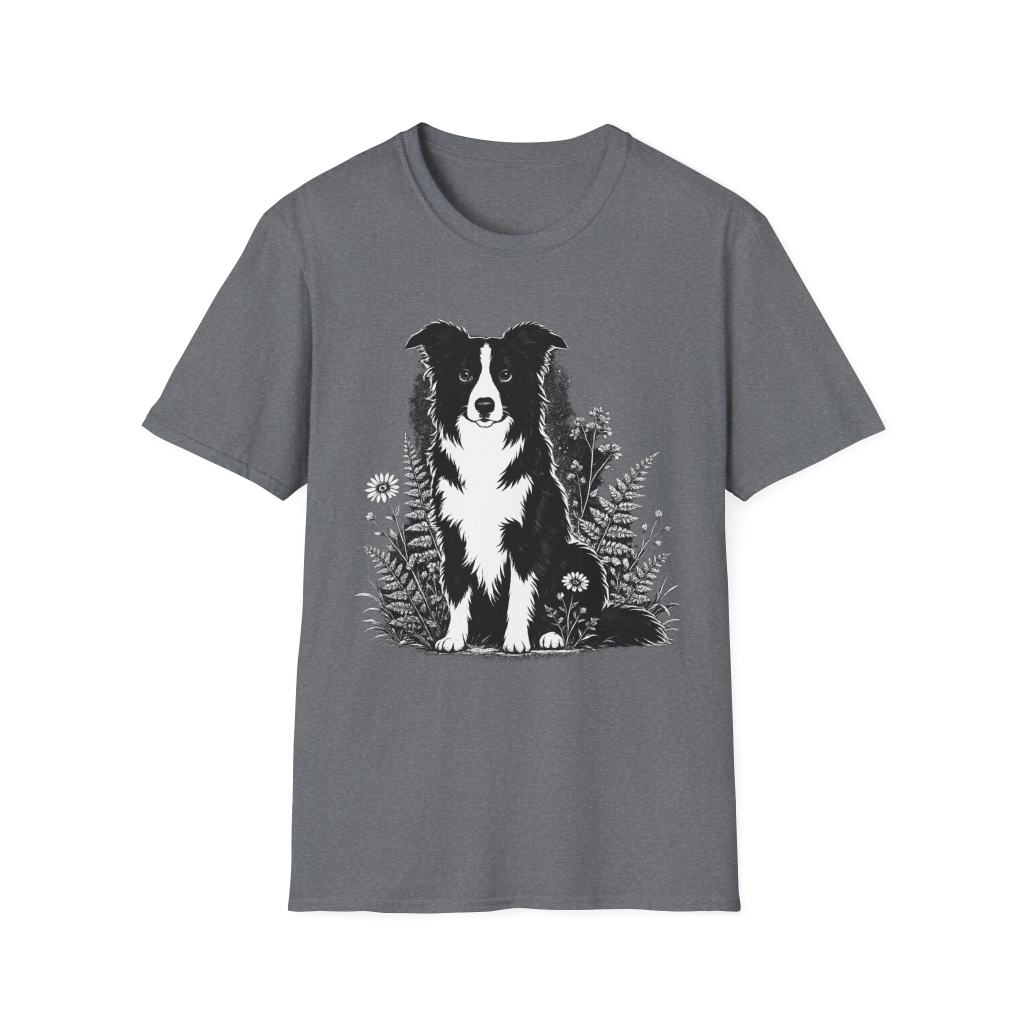 Border Collie Floral Tee — Black & White Dog Illustration T-Shirt