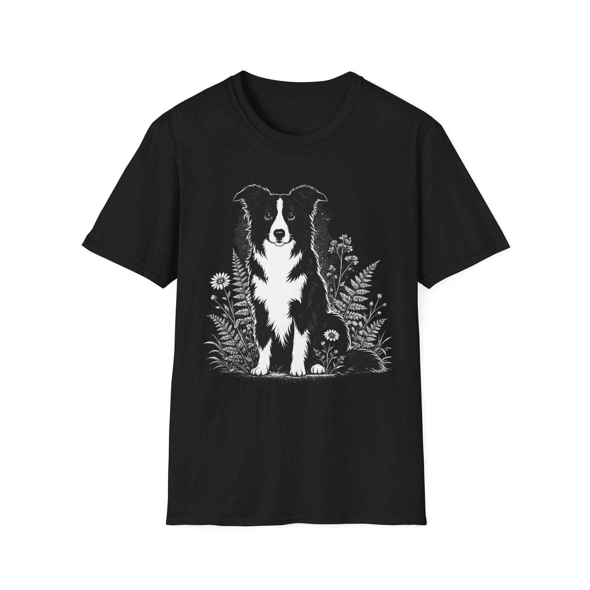 Border Collie Floral Tee — Black & White Dog Illustration T-Shirt - Image 3
