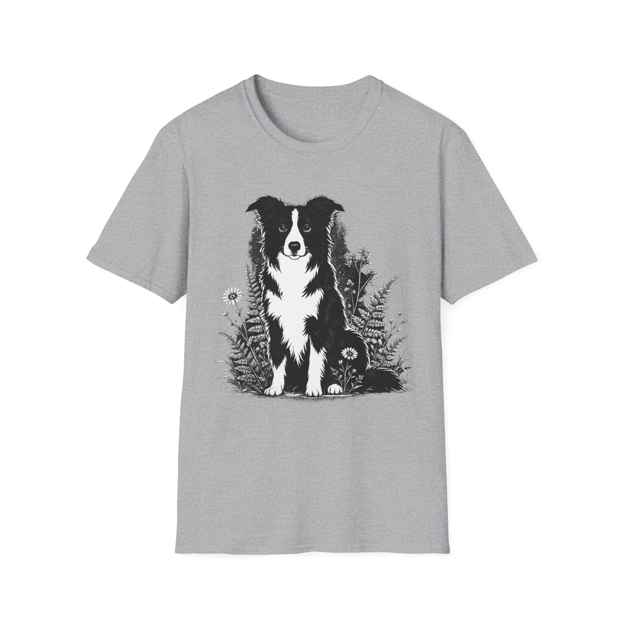 Border Collie Floral Tee — Black & White Dog Illustration T-Shirt - Image 5