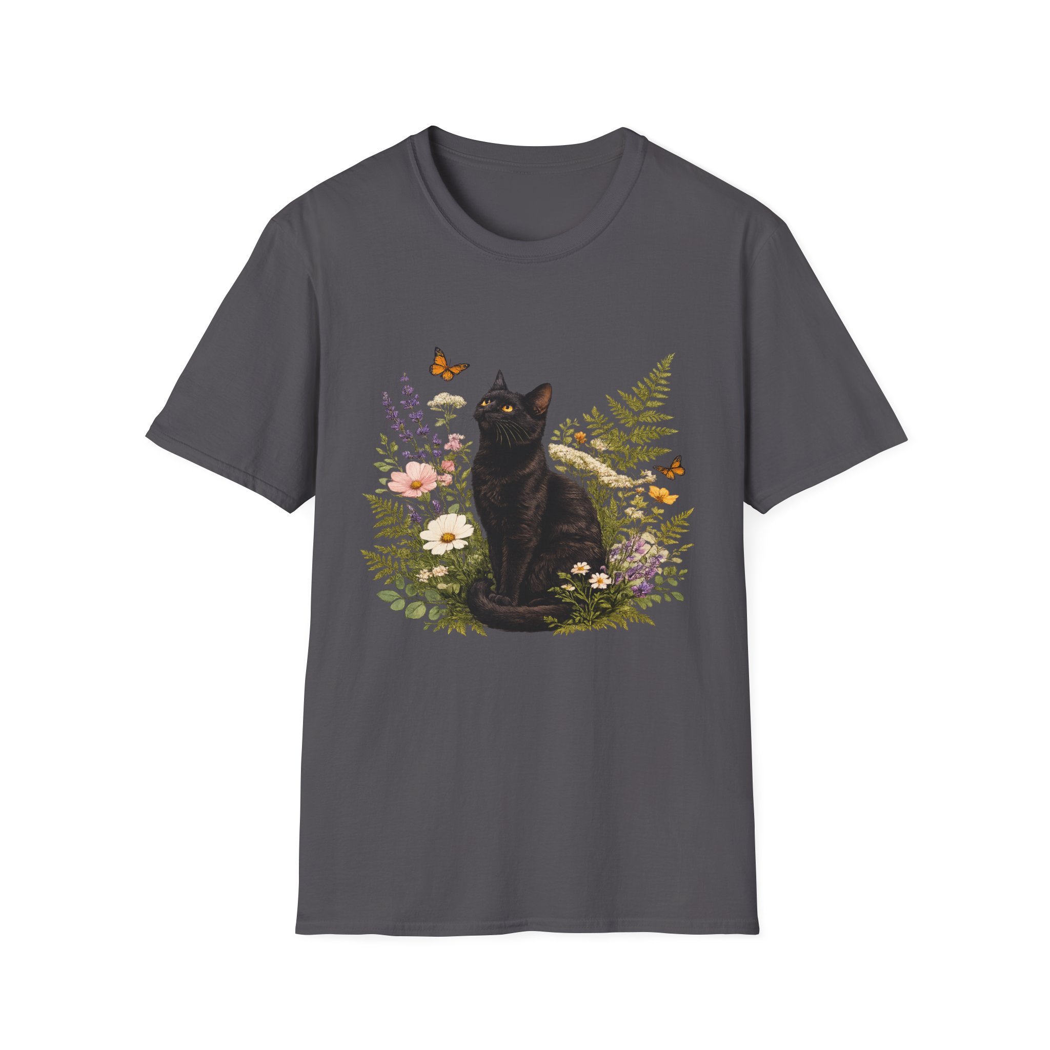 Black Cat Floral T-Shirt — Botanical Cat Tee for Cat Lovers - Image 11