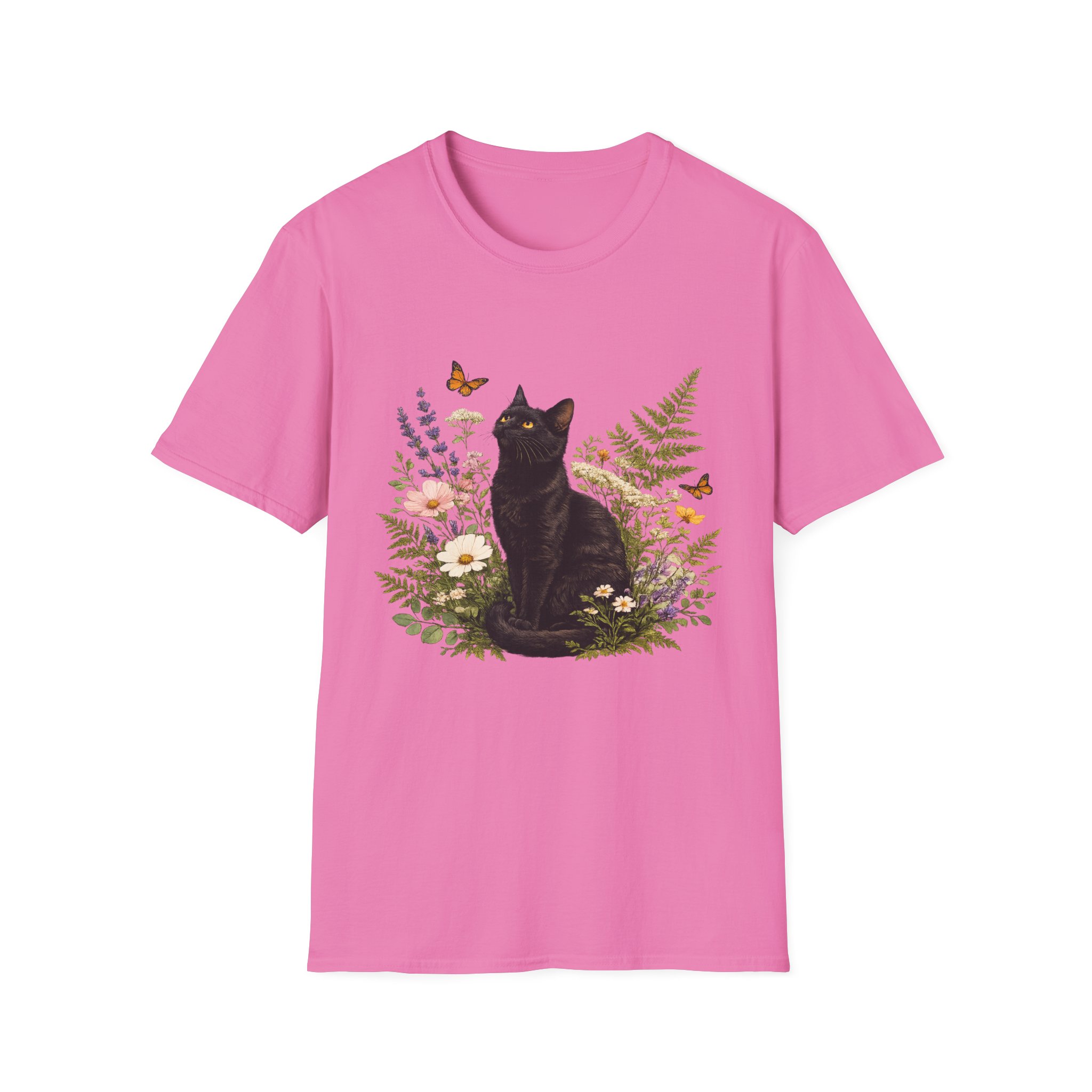 Black Cat Floral T-Shirt — Botanical Cat Tee for Cat Lovers