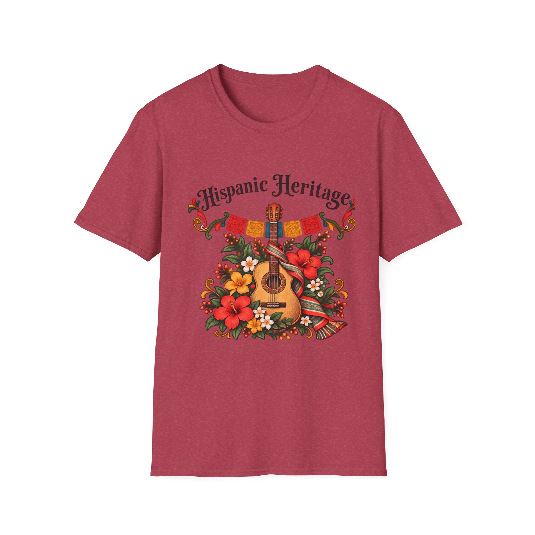 Hispanic Heritage T-Shirt with Guitar, Flowers and Festive Banner - Image 13